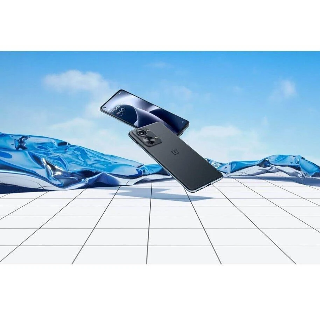 Two black smartphones, one in air, the other on white tiles, water.
