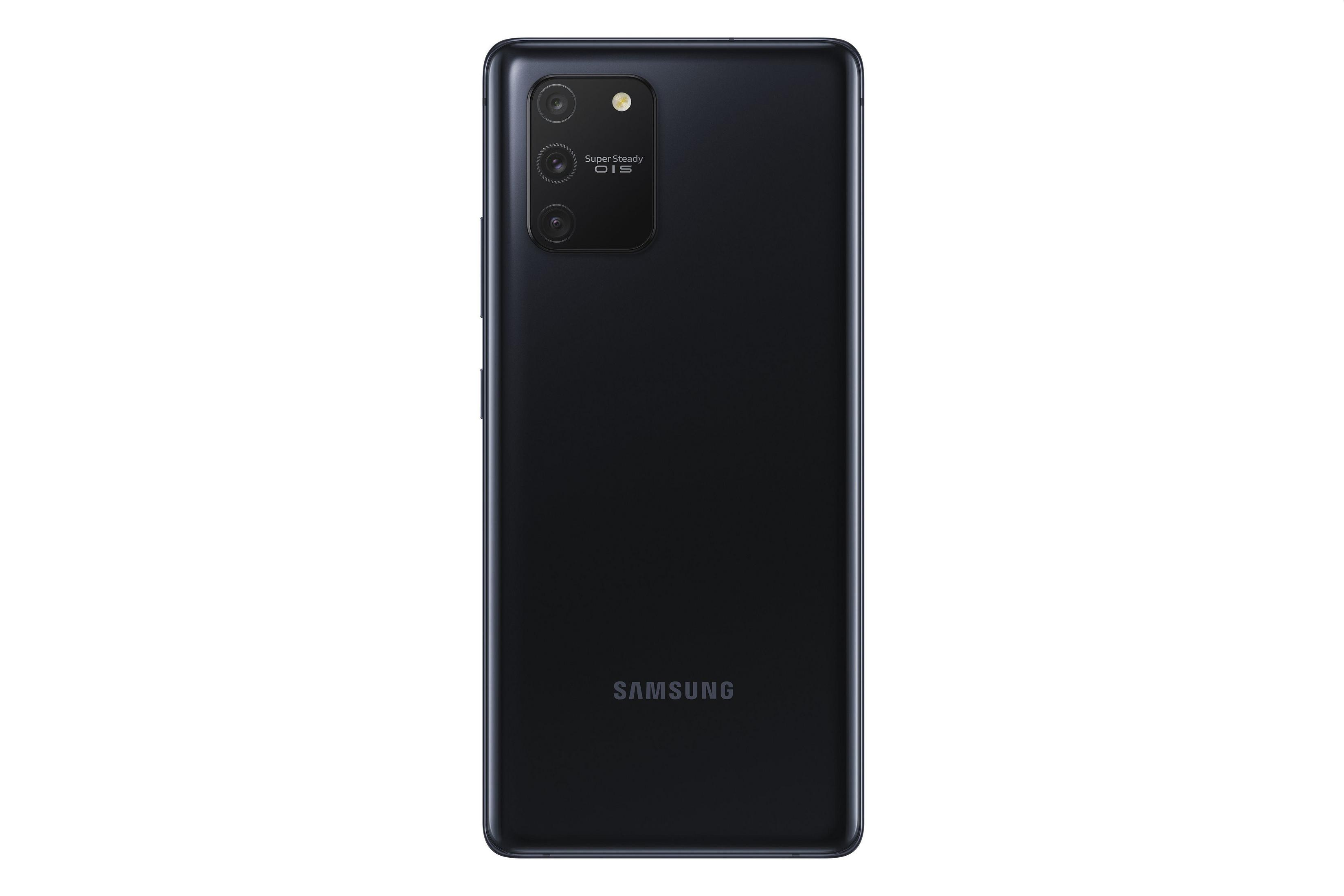 Czarny telefon Samsung. Widok z tyłu z modułem aparatu i logo Samsung na białym tle.