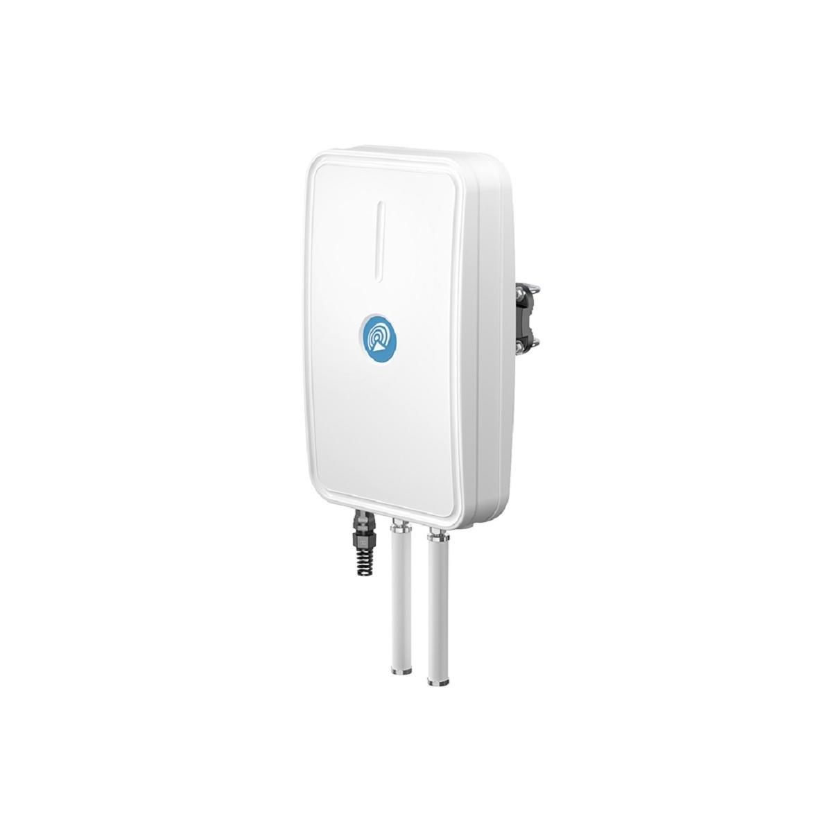 Weißes kastenförmiges Gerät mit Antennen. Ein blaues Logo ist auf der Box sichtbar. Weißer Hintergrund.