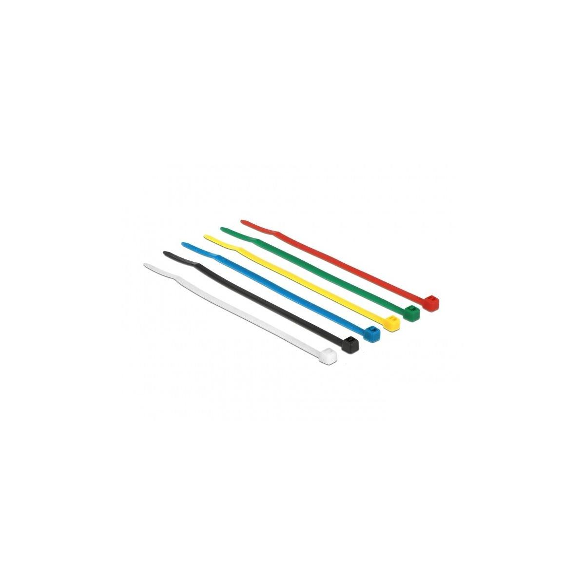 Sechs farbige Kabelbinder. Farben sind weiß, schwarz, blau, gelb, grün und rot.