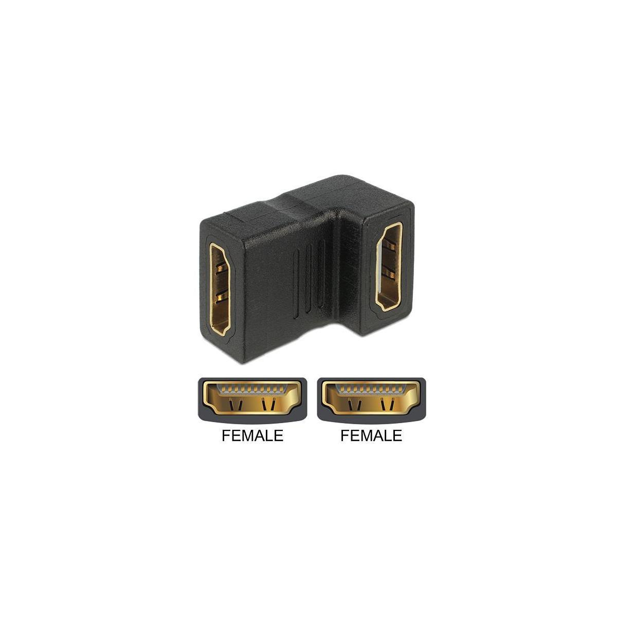 Adaptador HDMI negro con puertos hembra. Etiquetas 'FEMALE' debajo de cada puerto sobre fondo blanco.