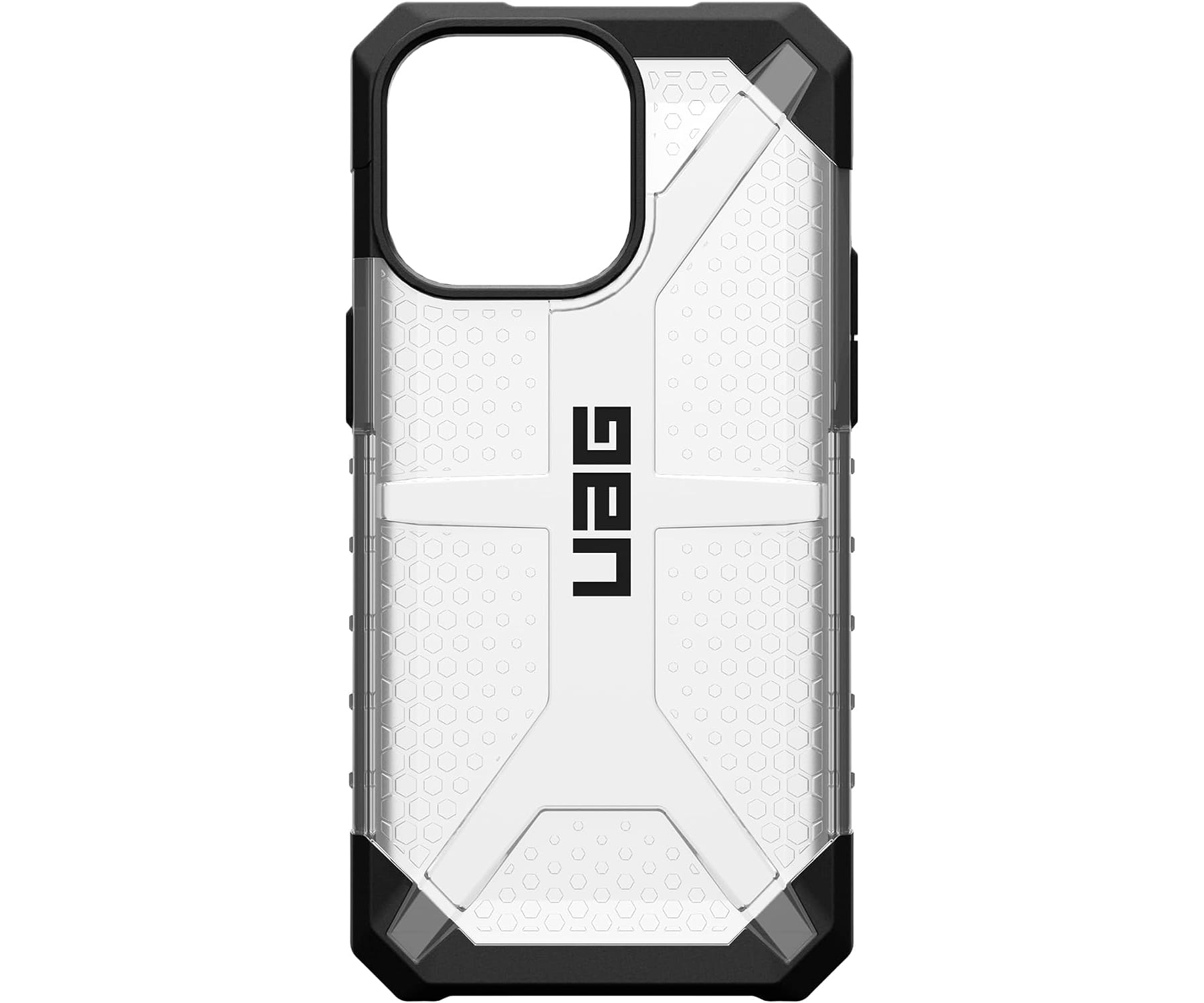 Schwarze und transparente Handyhülle mit UAG-Logo, sechseckigem Muster und schwarzen Rändern.