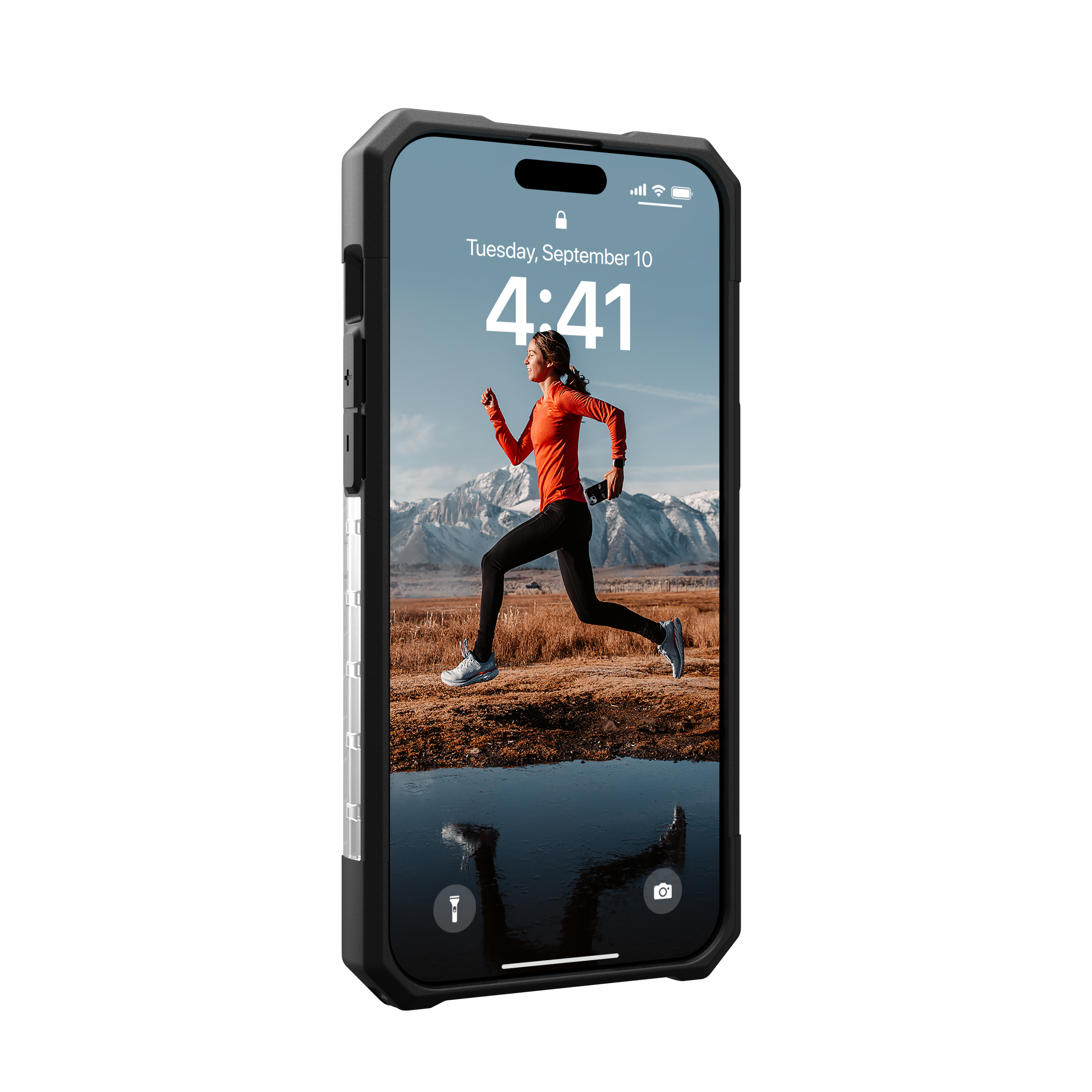 Telefon in Schutzhülle, zeigt eine Person, die vor Bergen und Wasser rennt.