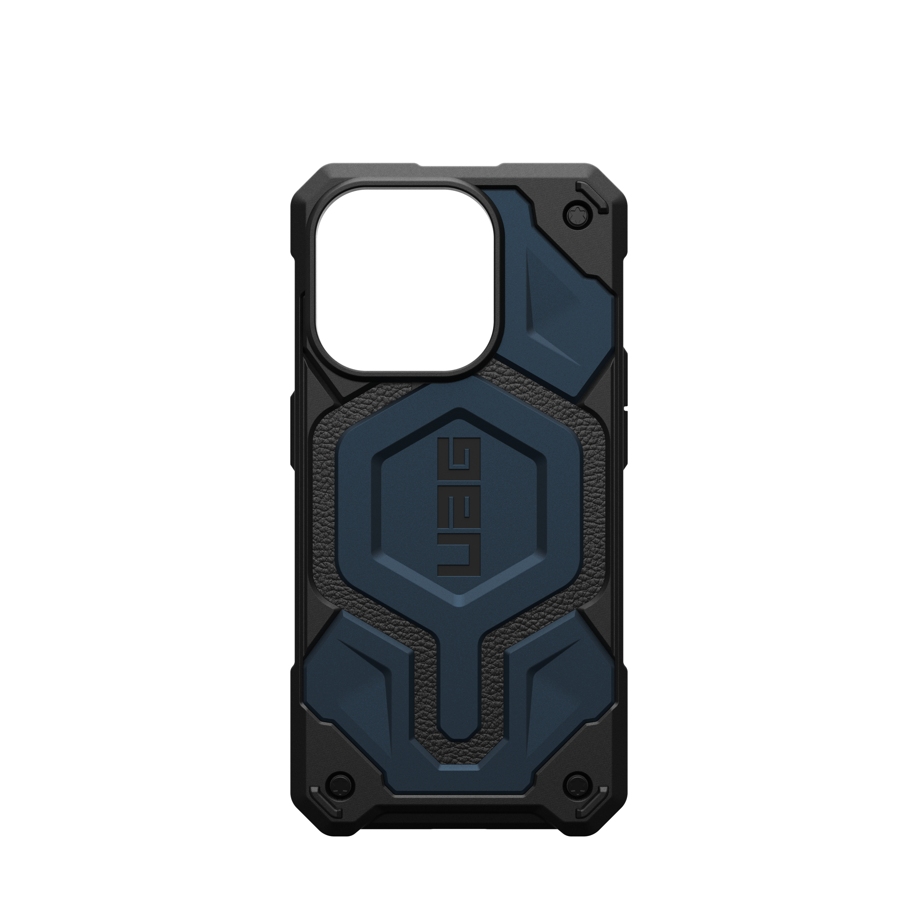 Zwarte en blauwe telefoonhoes. UAG logo. Zwarte achtergrond. Zeshoekig ontwerp met beschermingsfuncties.