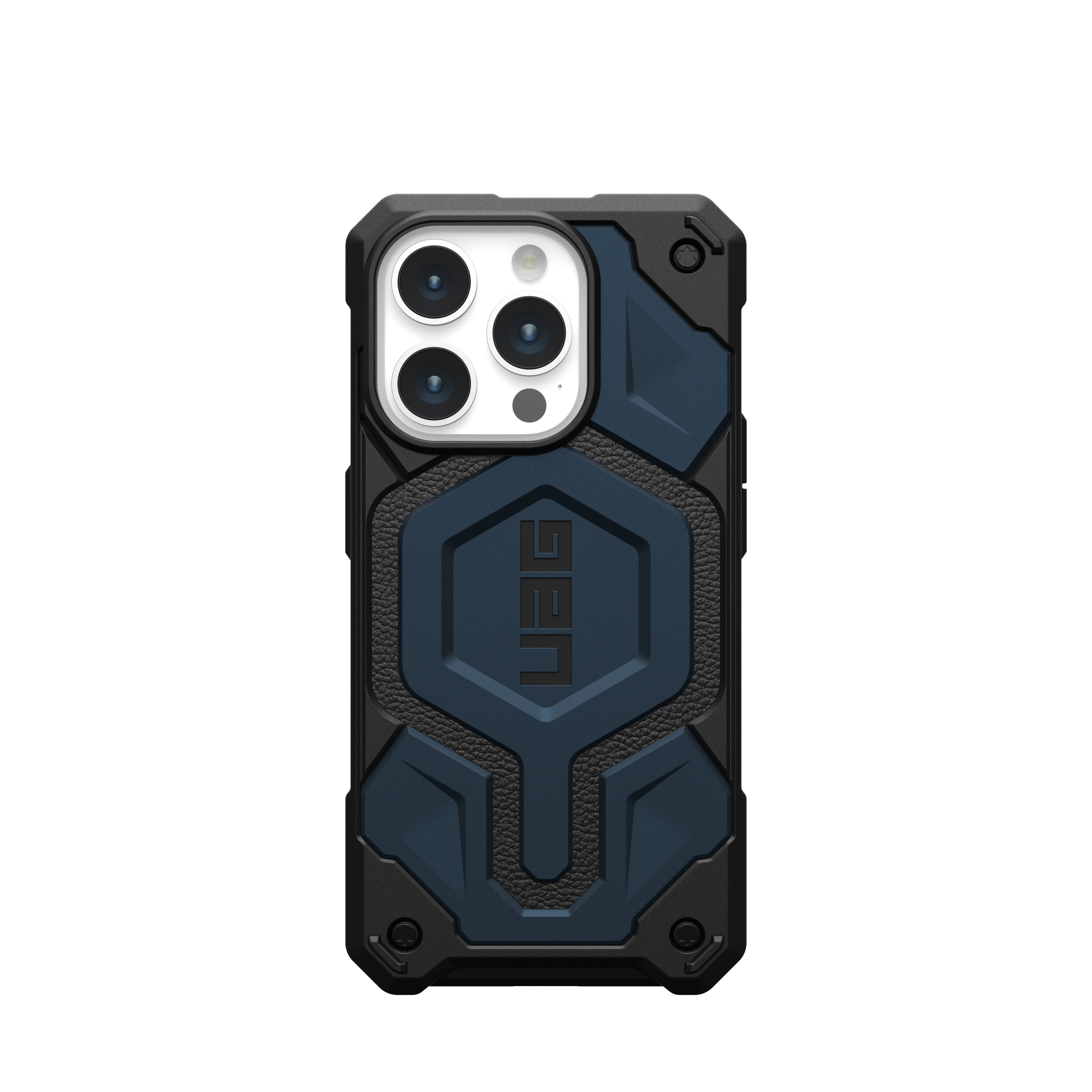Zwarte en blauwe telefoonhoes met een camera-uitsparing. UAG-logo zichtbaar.