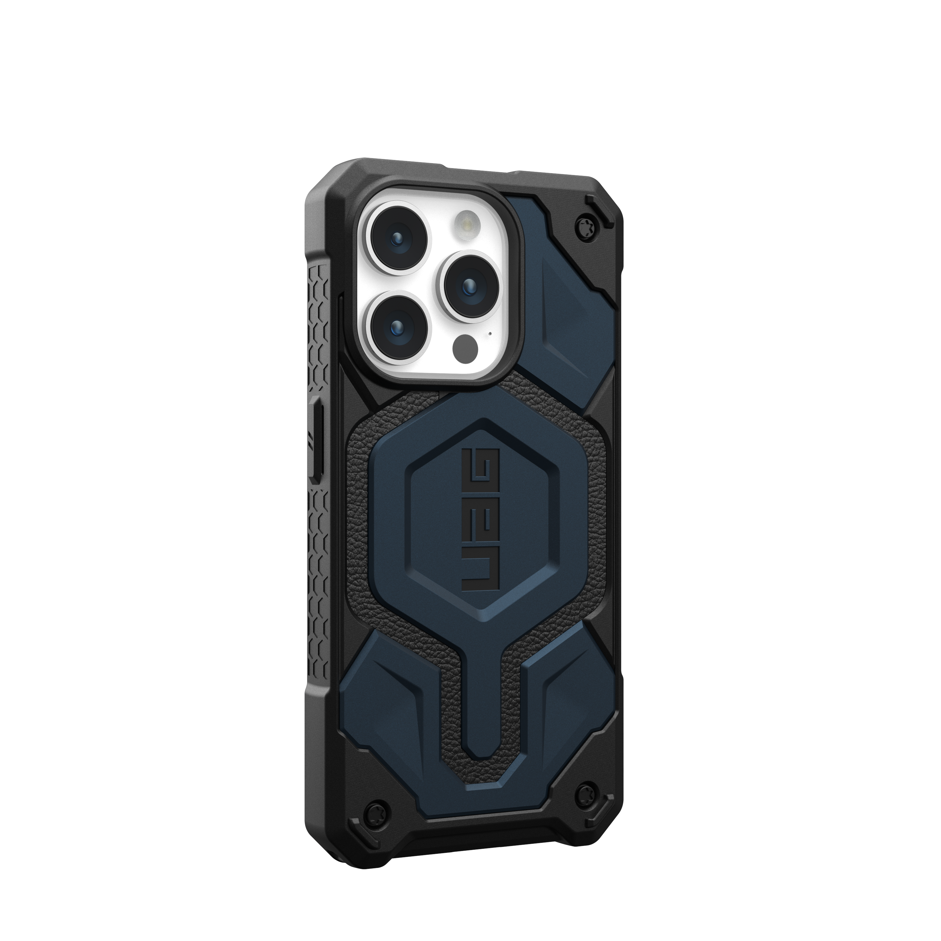 Zwarte en blauwe telefoonhoes met een camera-uitsparing en UAG-logo op een zwarte achtergrond.