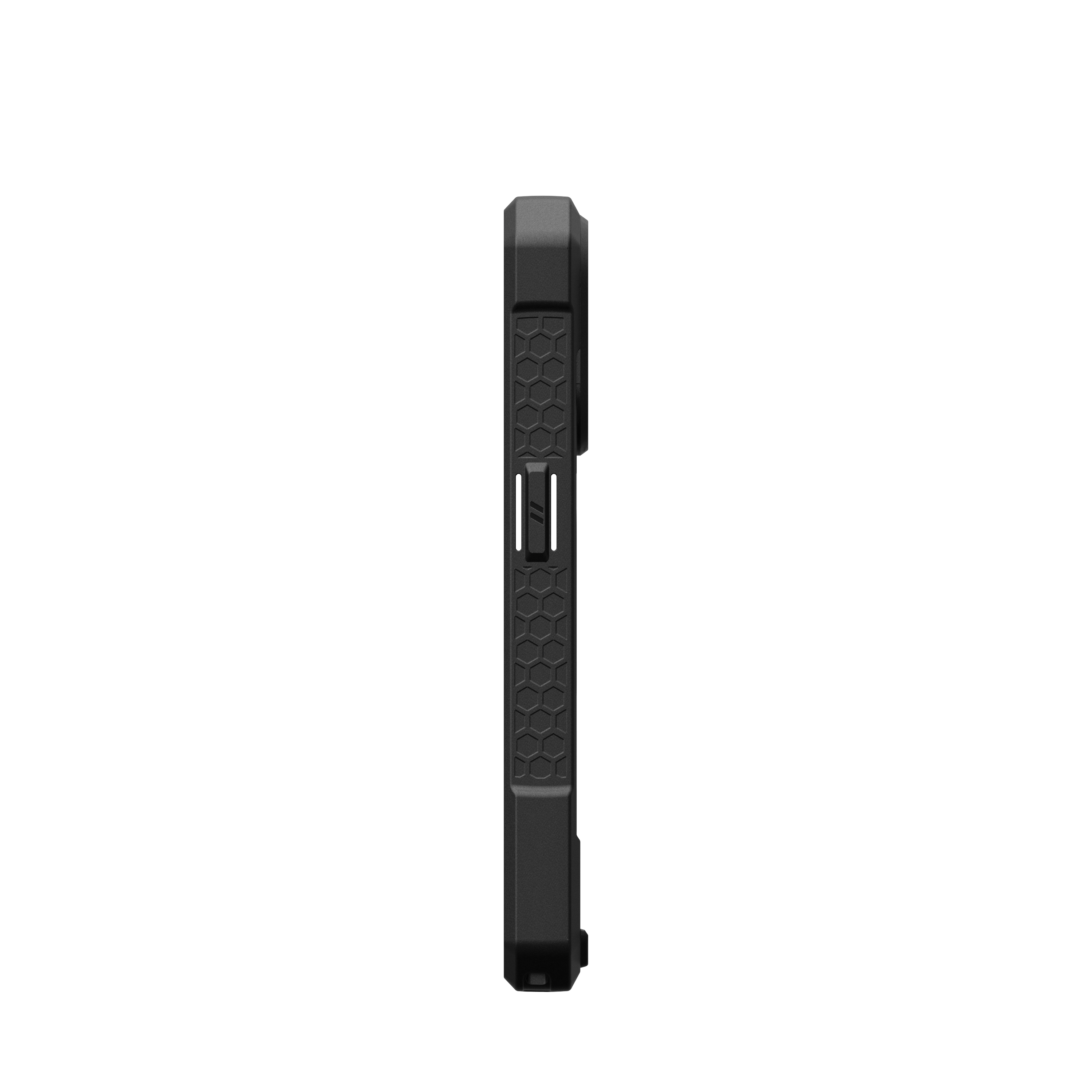 Een zwarte telefoonhoes met een gestructureerd ontwerp, van opzij gezien.