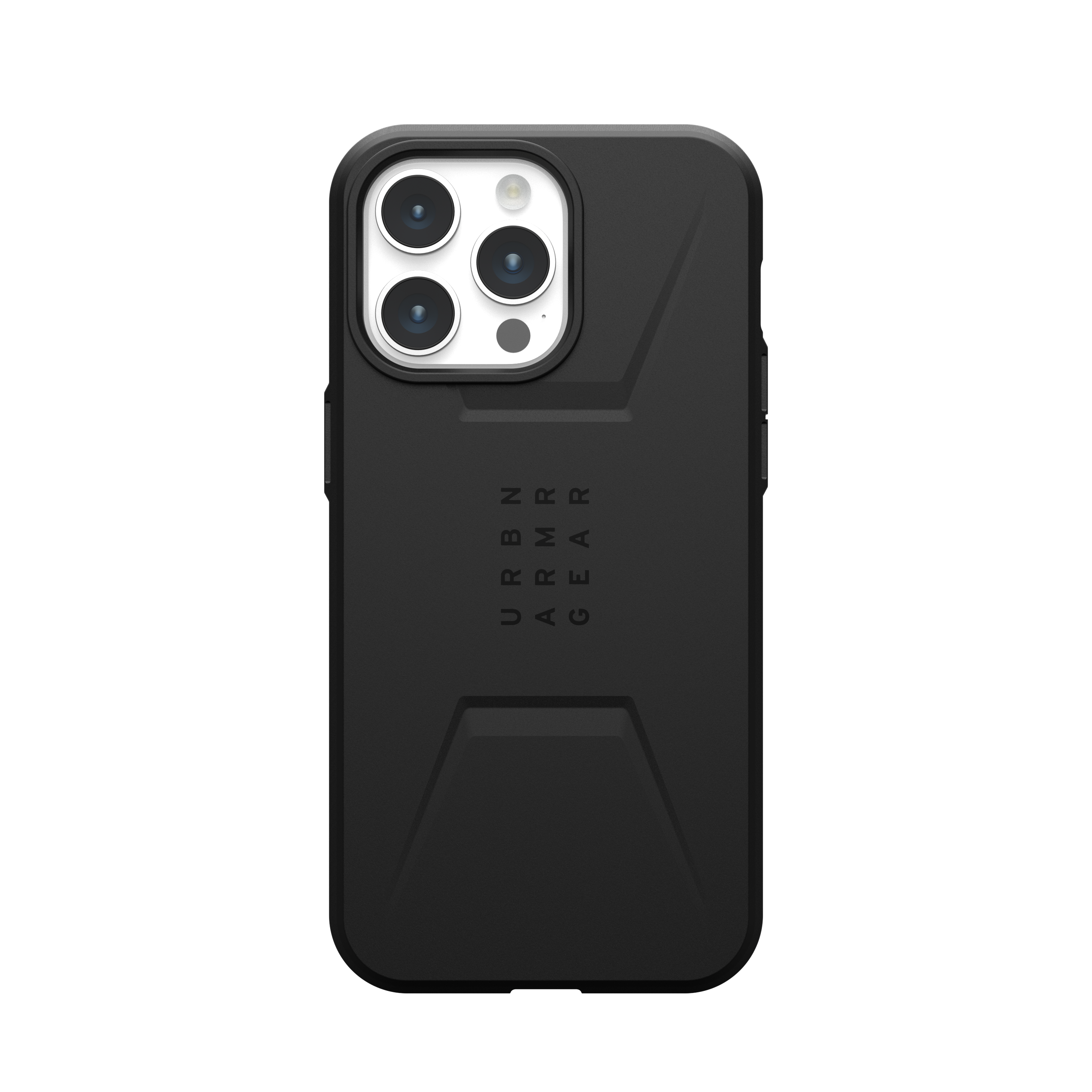 Funda negra para teléfono con protuberancia de cámara. Bordes elevados y texto URBN ARMOR GEAR.