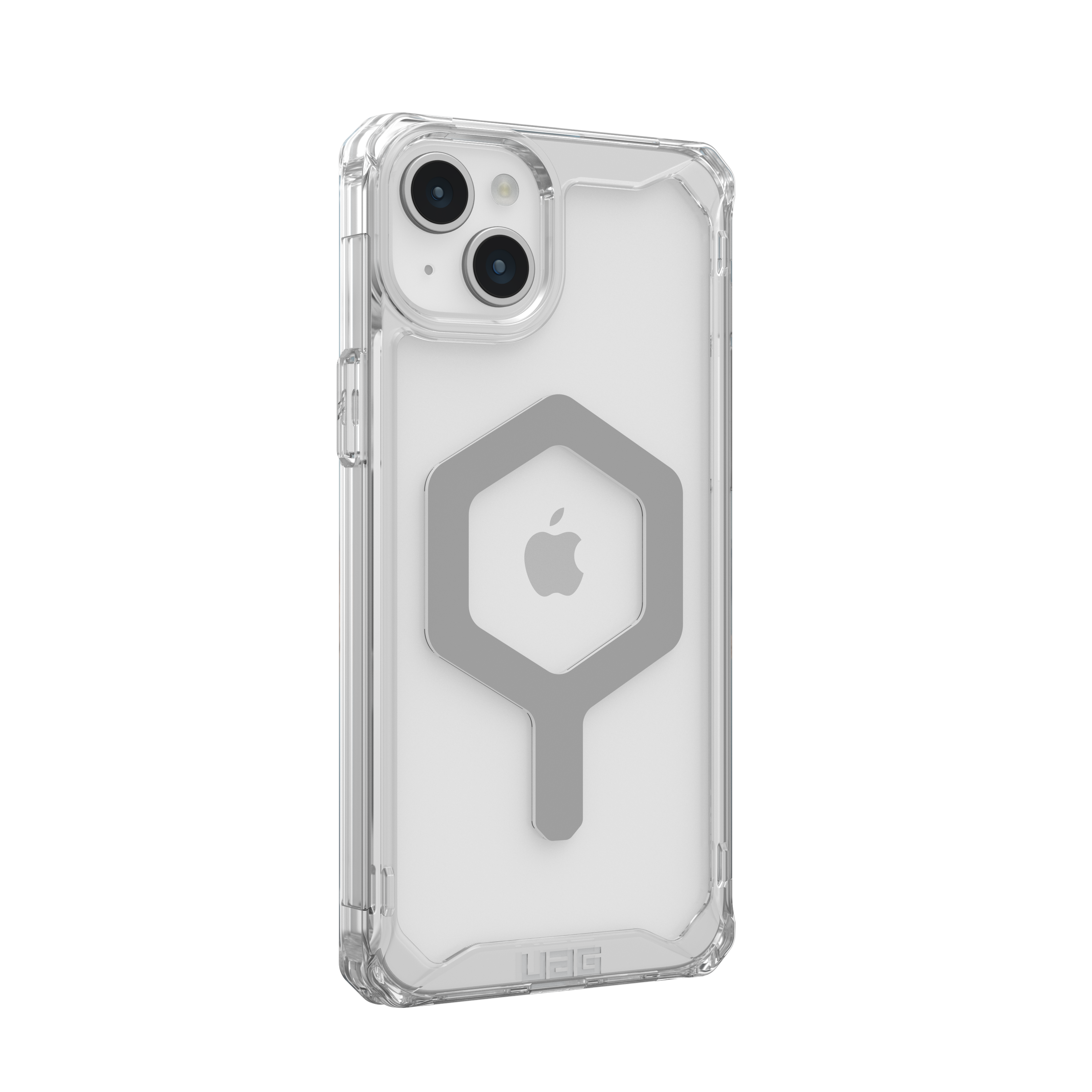Transparente Handyhülle mit grauem MagSafe-Ring und Telefon, vor schwarzem Hintergrund.