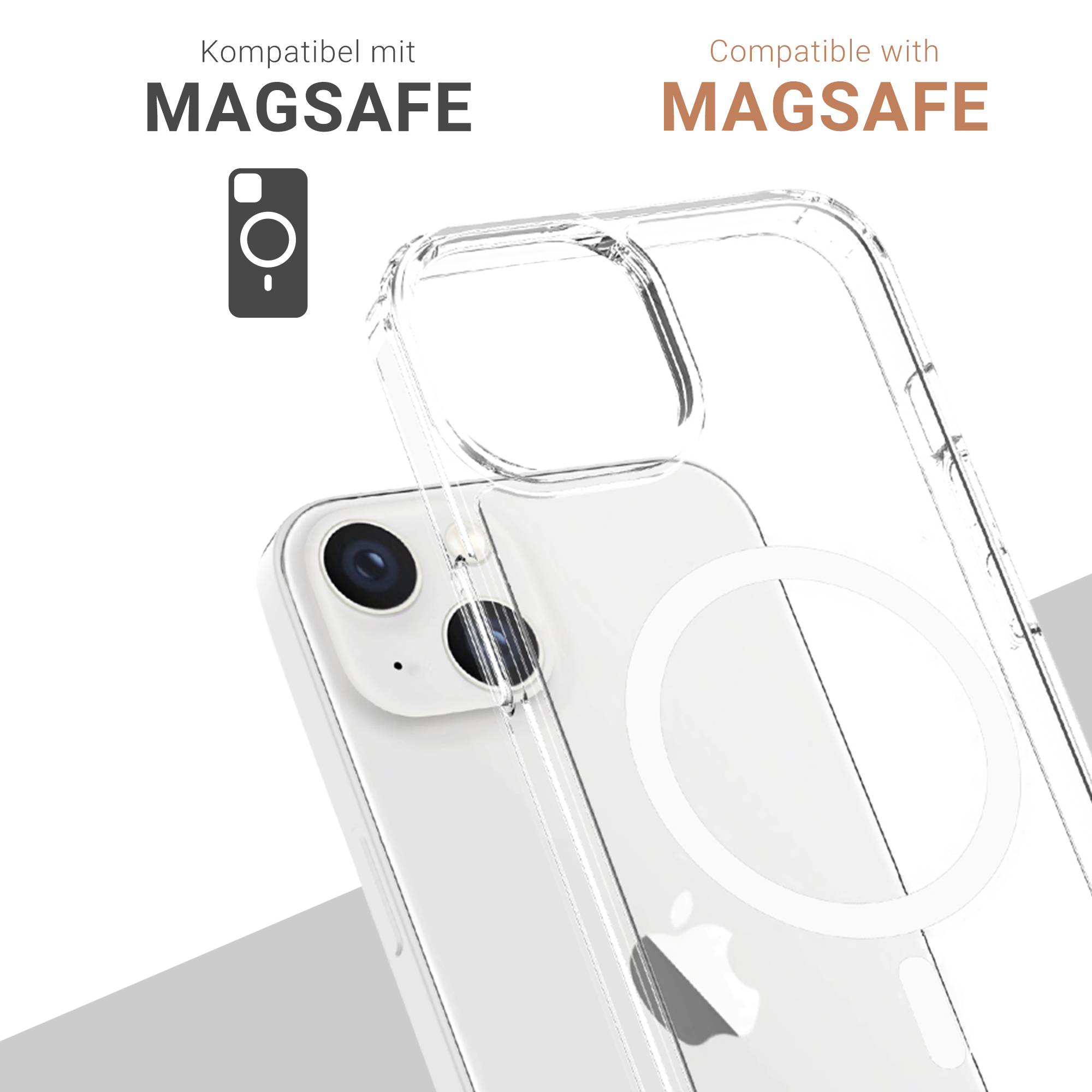 Eine transparente Handyhülle mit einem MagSafe-Kreis über einem iPhone. Text: 'Kompatibel mit MagSafe'.