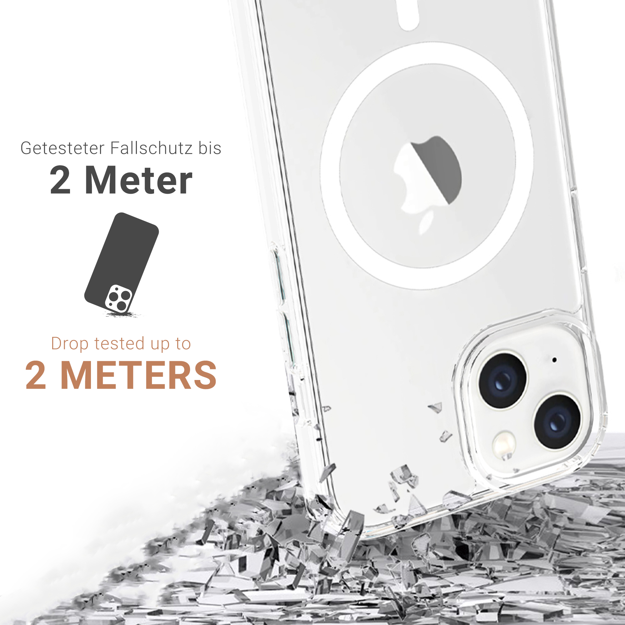 Transparente Handyhülle mit MagSafe-Kreis, die einen Falltest mit einem Handy zeigt. Metallische Trümmer sind sichtbar.