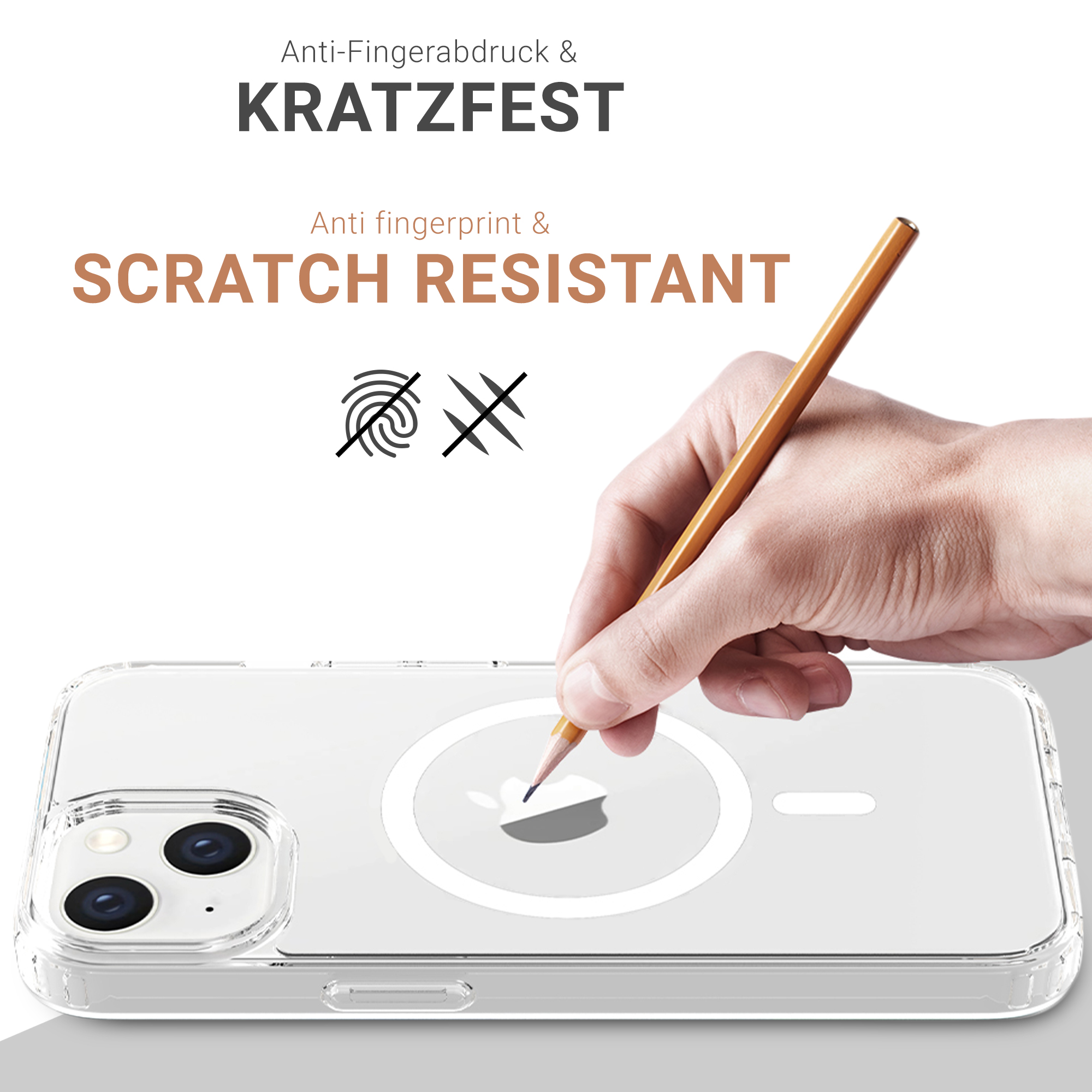 Ein Bleistift berührt eine Handyhülle mit Text, der besagt, dass sie fingerabdruck- und kratzfest ist.