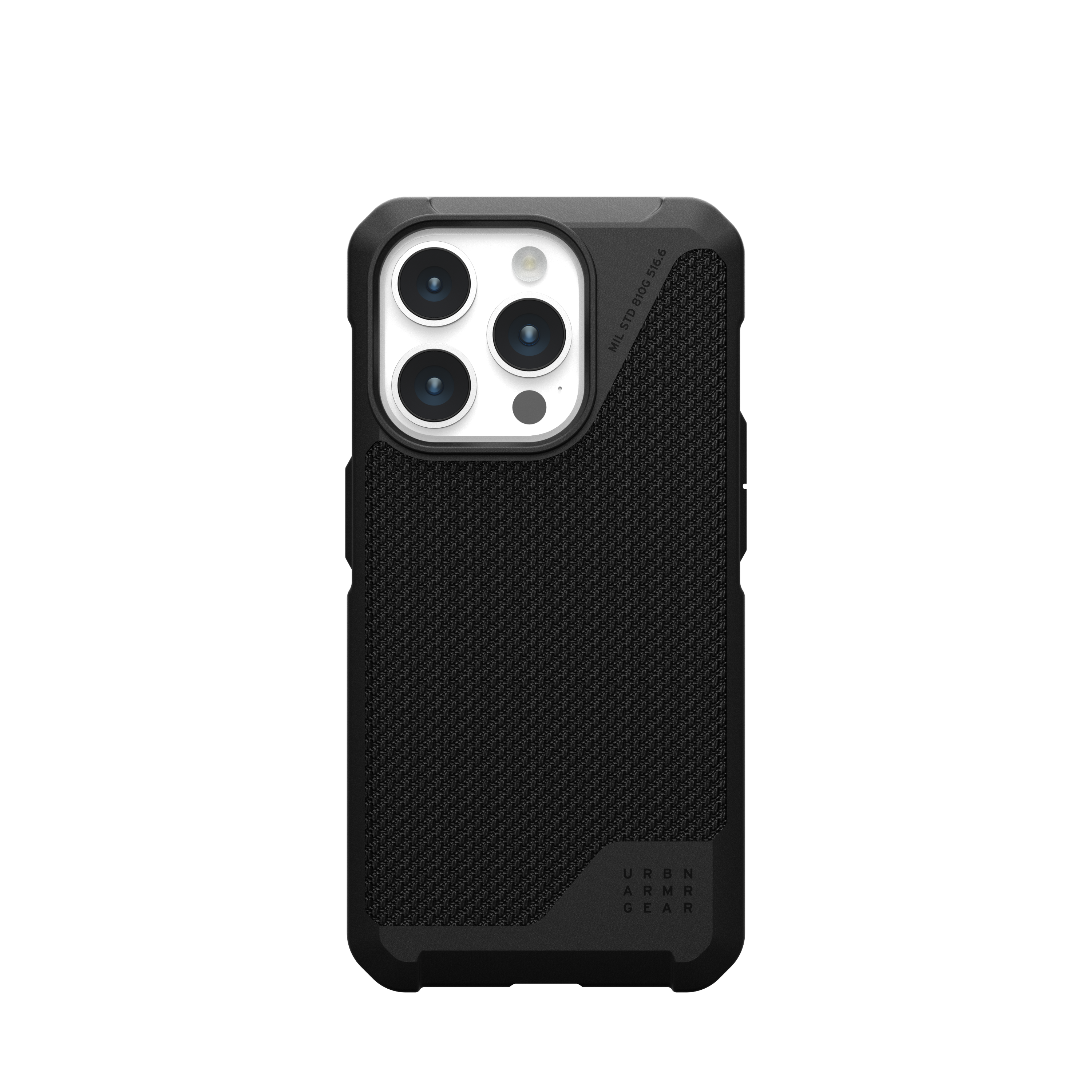 Funda de teléfono negra con parte trasera texturizada y recorte para cámara.
