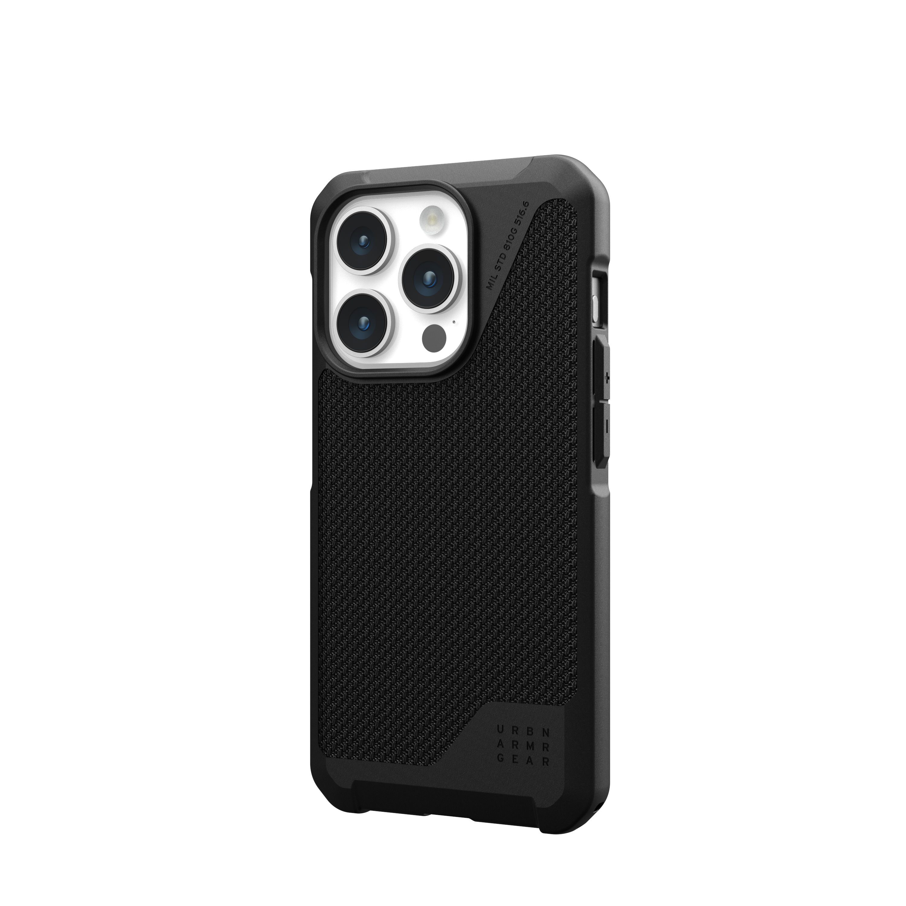 Teléfono negro en una funda protectora con la parte trasera texturizada. La funda tiene varias cámaras.