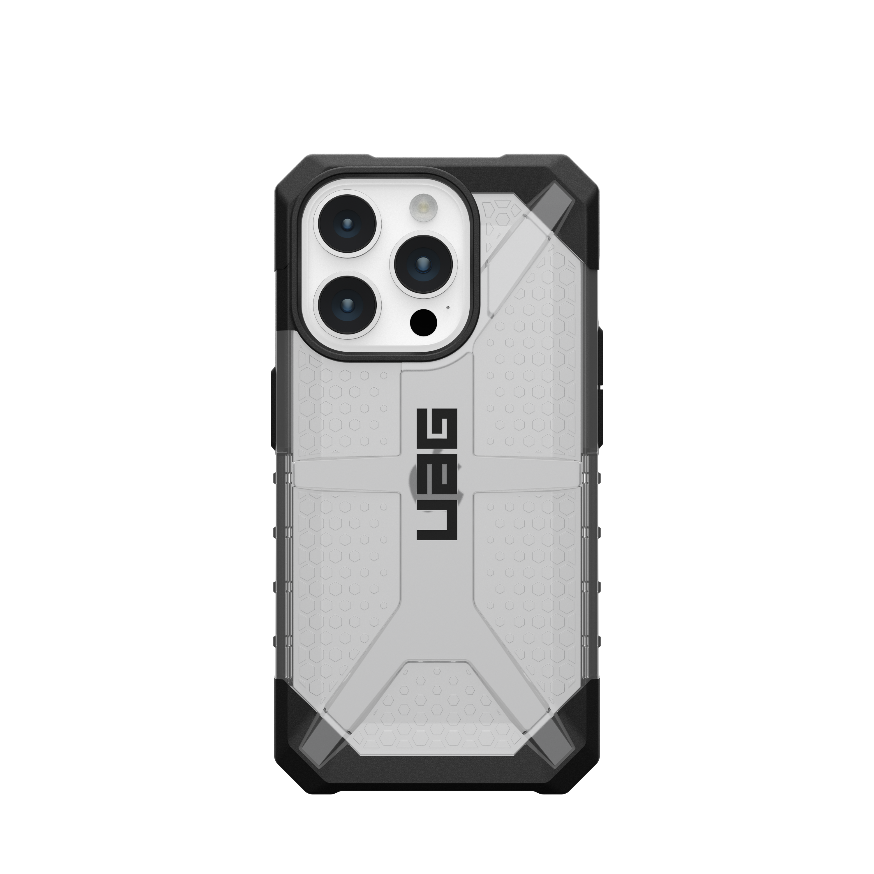 Schwarze und transparente Handyhülle. Schwarze Kamerahöcker. UAG-Logo.