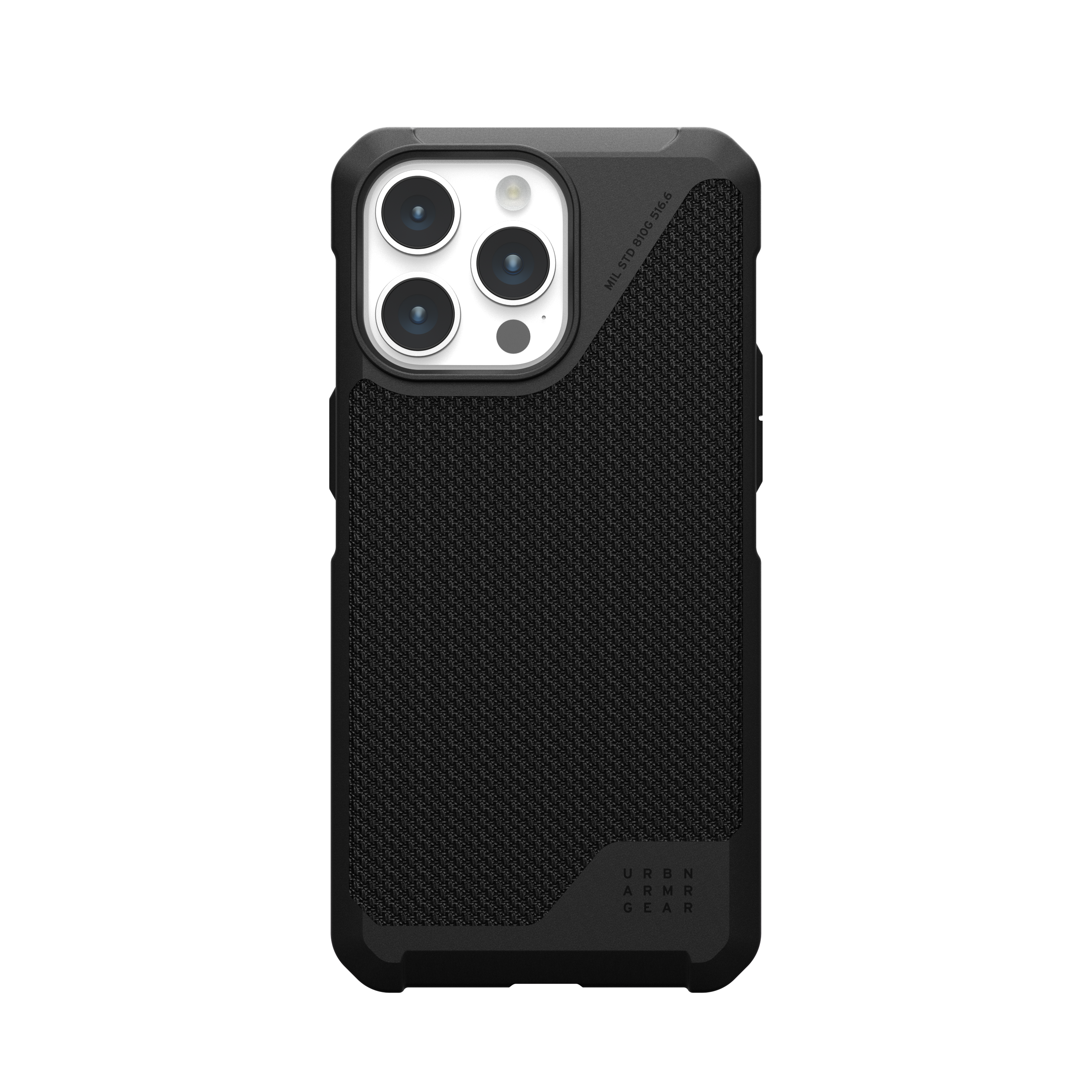 Schwarze iPhone-Hülle mit strukturierter Rückseite und Kameraausschnitt.