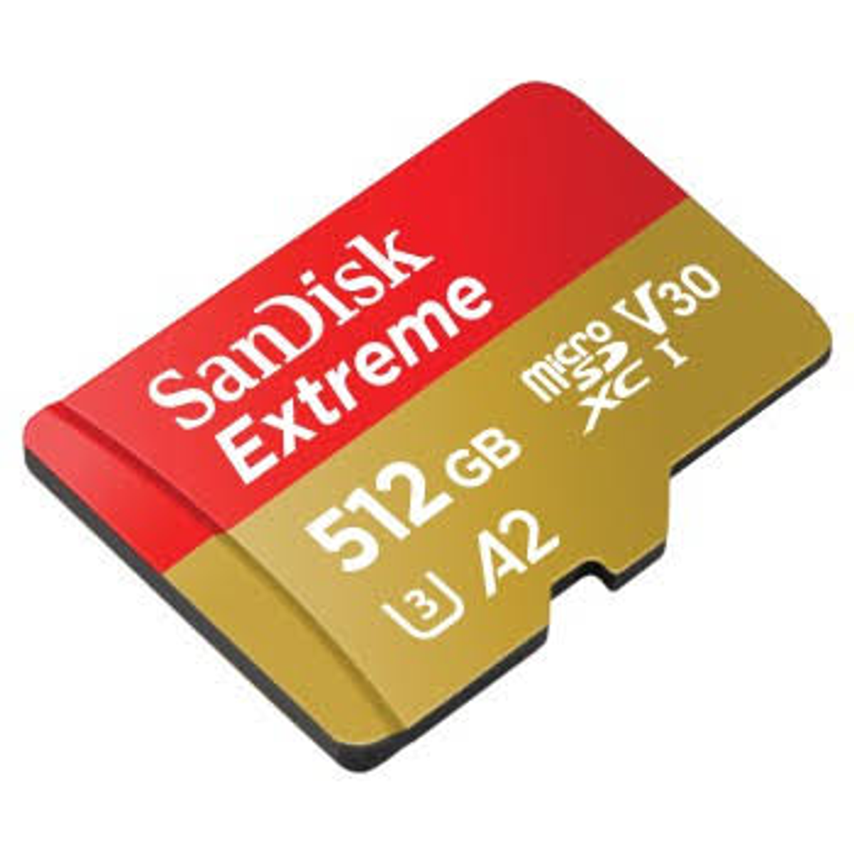 Czerwono-złota karta SanDisk Extreme MicroSD o pojemności 512 GB.