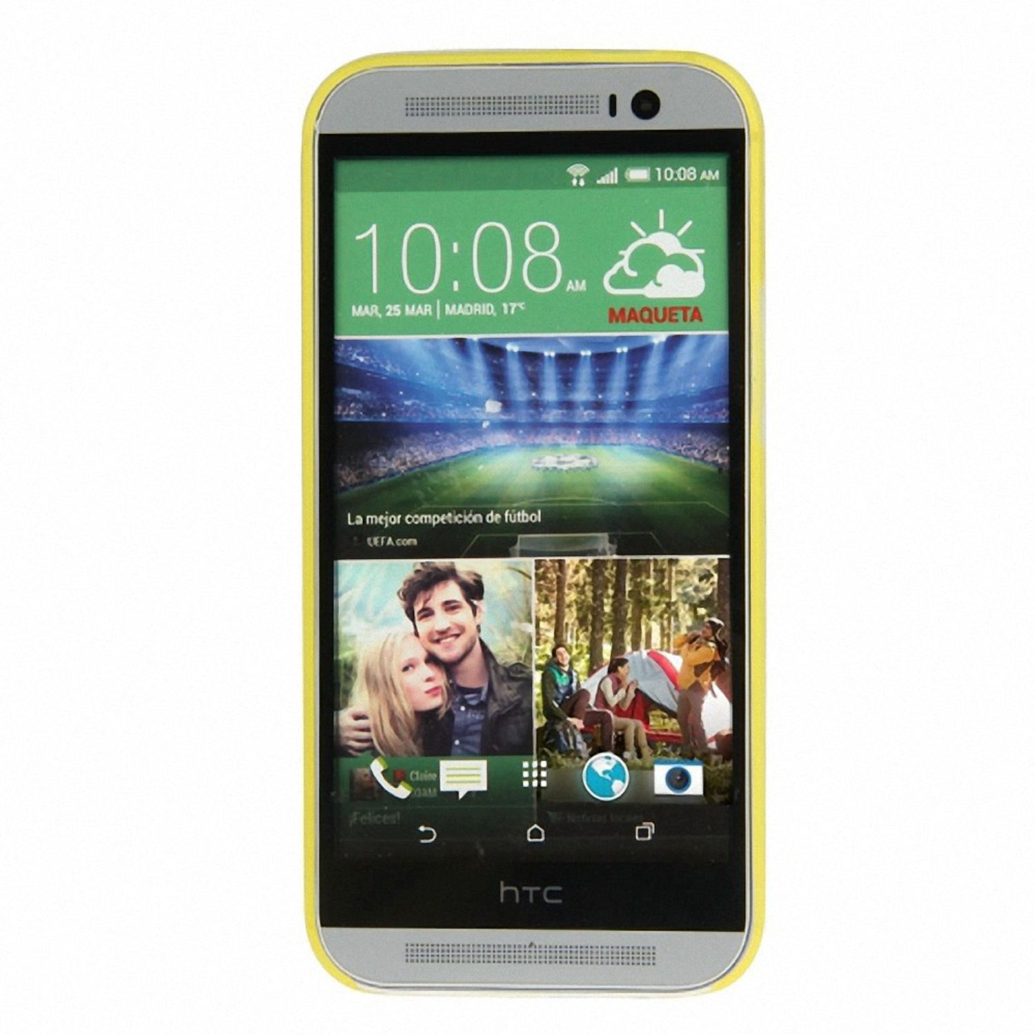 Ein gelb umrandetes Telefon zeigt eine Wetter-App, Fotos und ein Stadionbild. Das HTC-Logo unten.