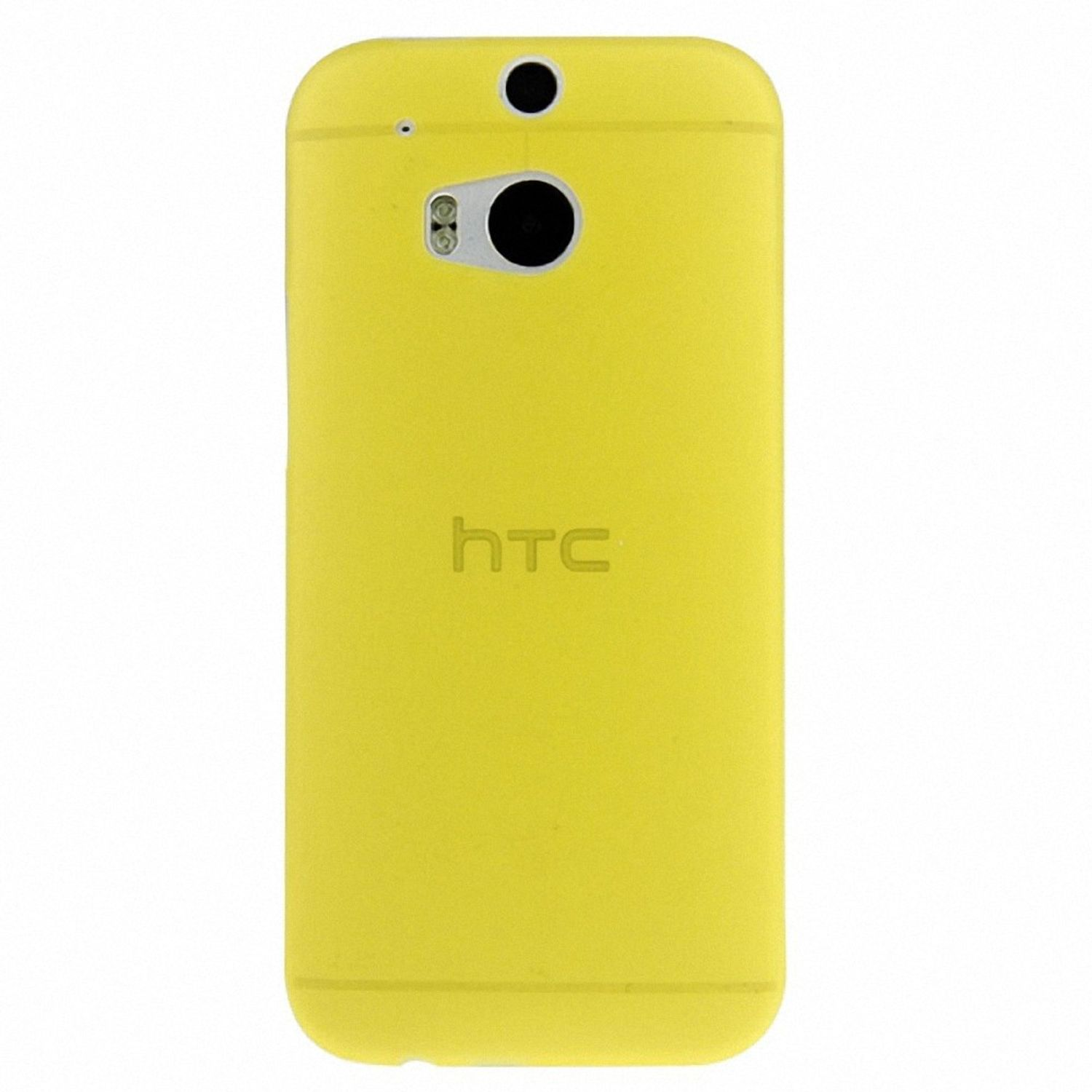 Gelbe HTC-Handyhülle mit Kamera- und Sensoraussparungen. Das Wort 'htc' steht hinten.
