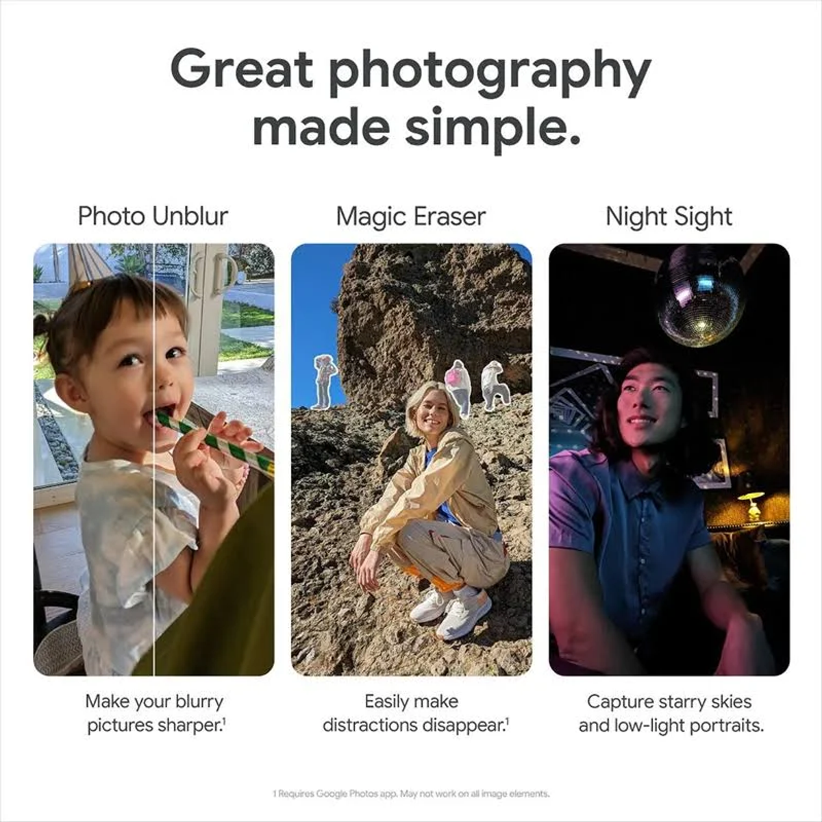 Kolaż funkcji aplikacji Zdjęcia Google. Zawiera przykłady Photo Unblur, Magic Eraser i Night Sight.