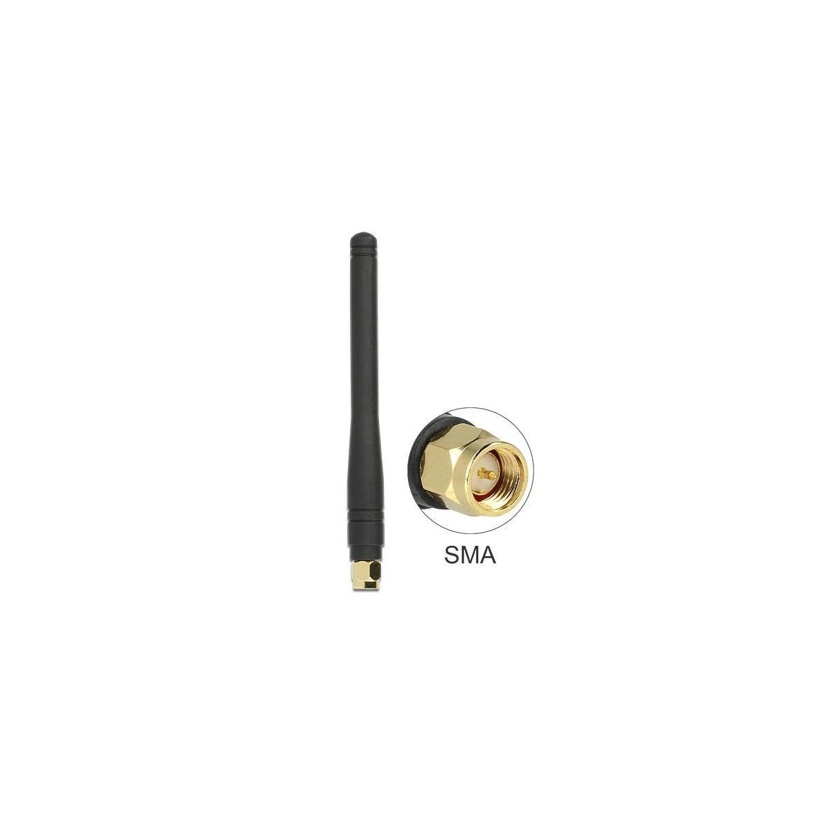 Schwarze Antenne mit goldenem SMA-Stecker. Der Hintergrund ist weiß.