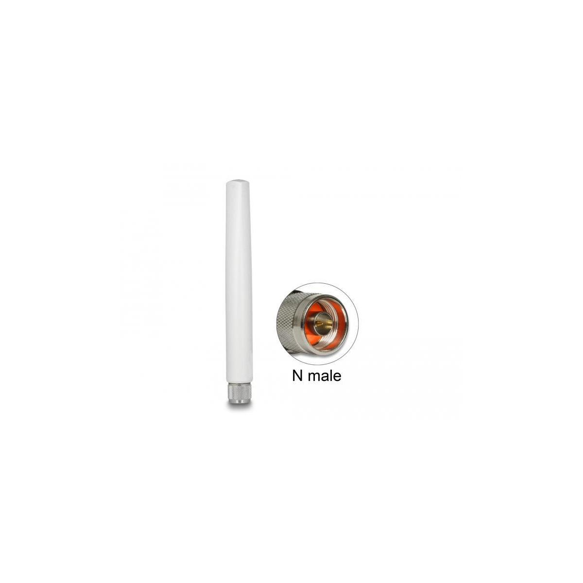 Weiße Antenne mit N-Stecker auf weißem Hintergrund.