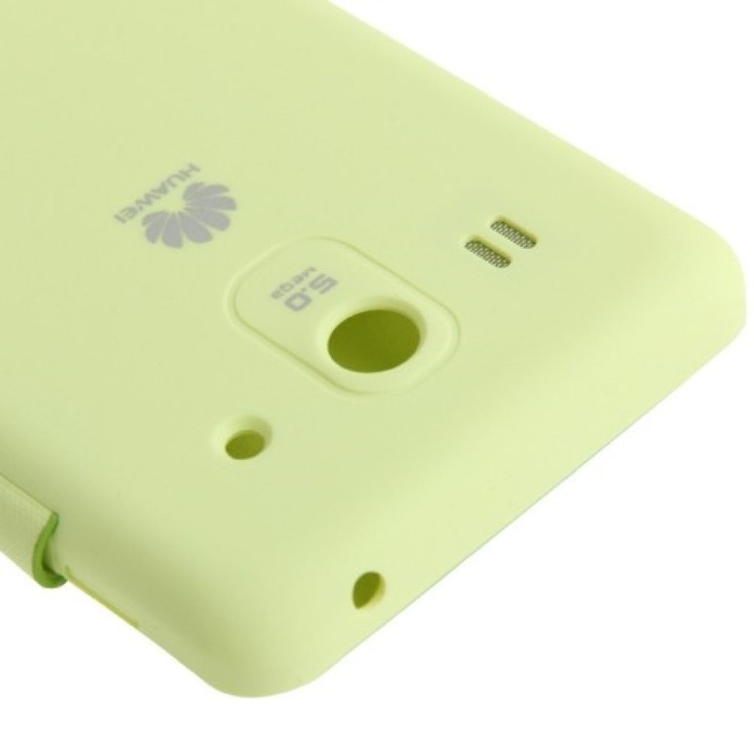 Hellgrünes Telefon mit Kamera- und Lautsprecherlöchern. Huawei-Logo hinten. Nahaufnahme.