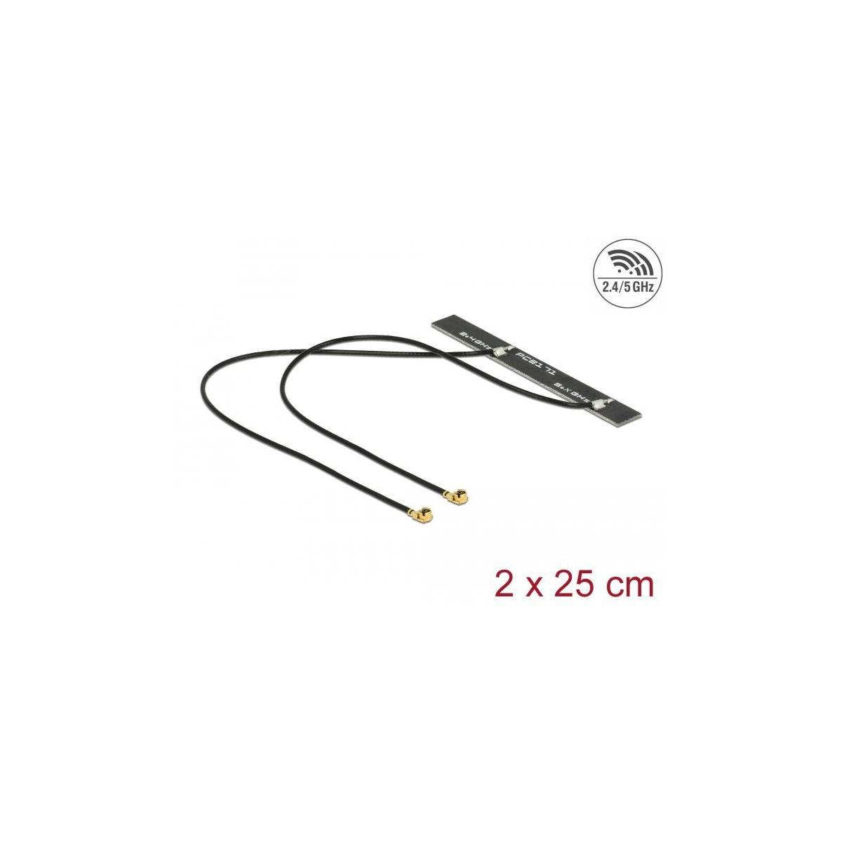 Schwarz-weiße Antenne mit zwei schwarzen Kabeln. Text lautet 2,4/5 GHz und 2 x 25 cm. Weißer Hintergrund.