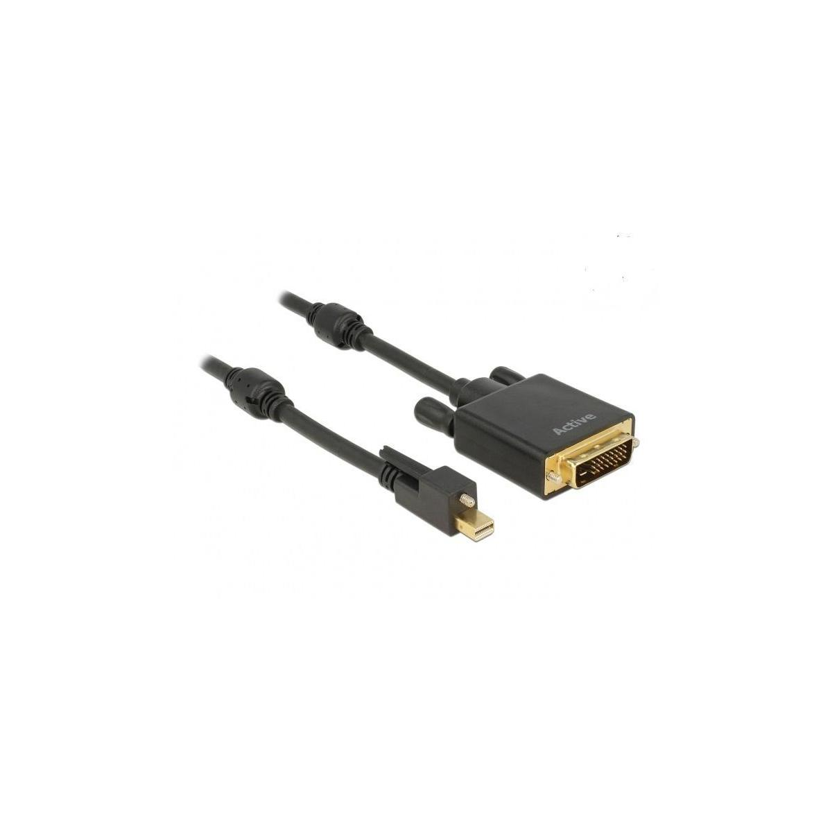 Schwarzes Kabel mit DVI- und Mini-DisplayPort-Anschlüssen auf weißem Hintergrund.