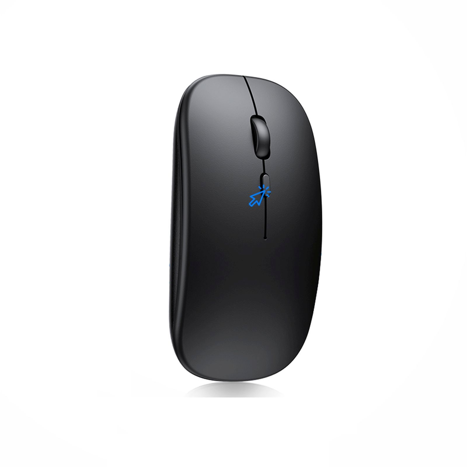 Schwarze kabellose Maus mit blauem Logo.