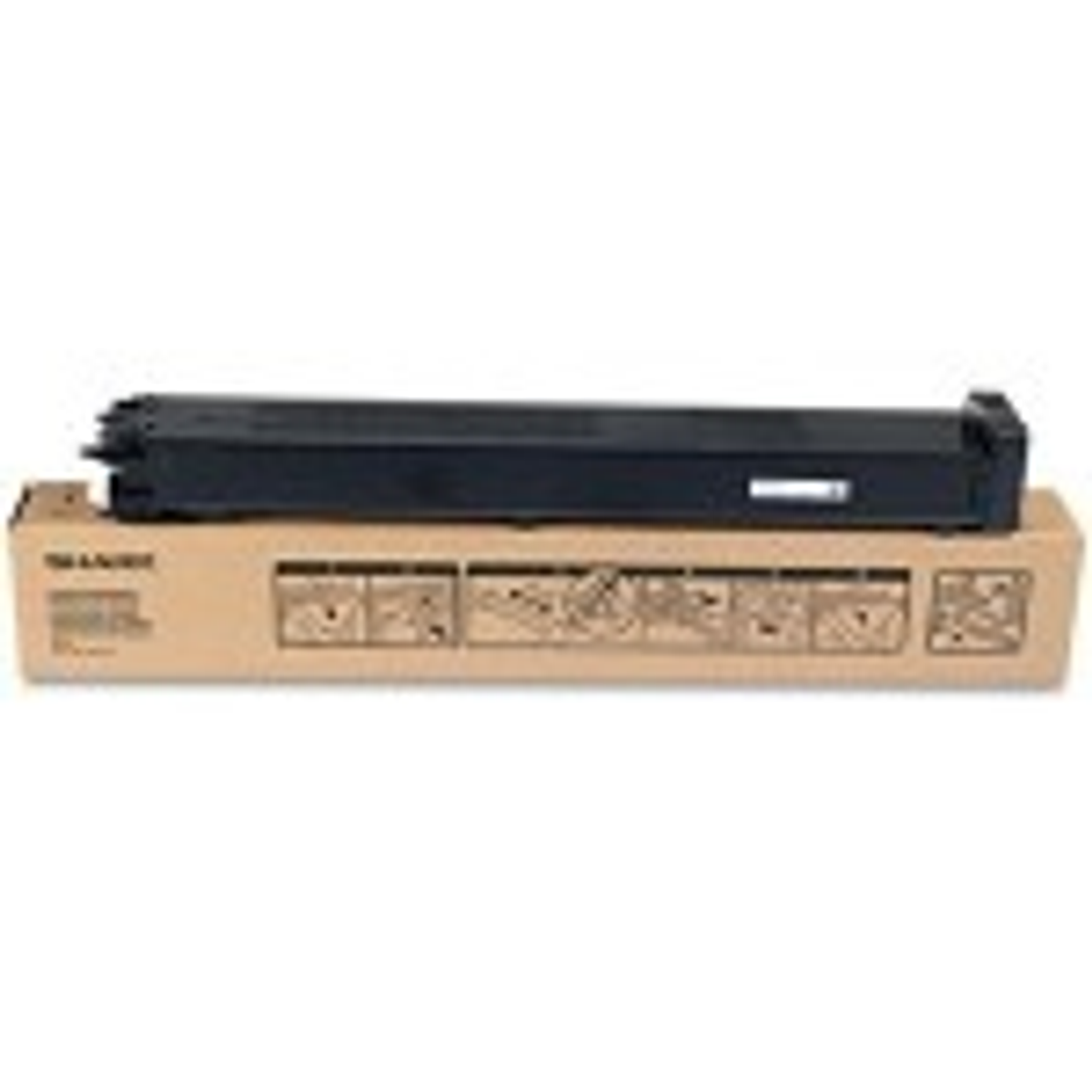 Una cartuccia toner nera in una scatola di cartone con istruzioni.