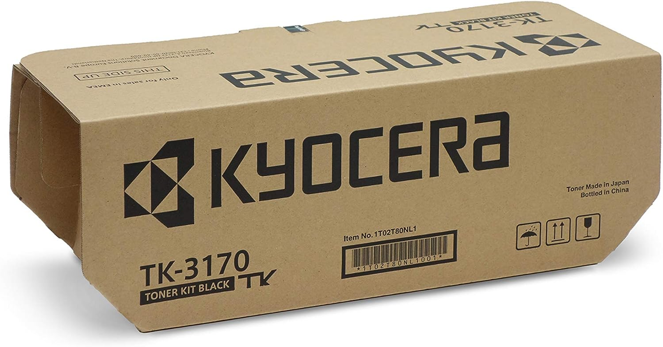Pudełko z czarnym tonerem Kyocera TK-3170. Brązowe kartonowe pudełko z czarnym tekstem i logo.