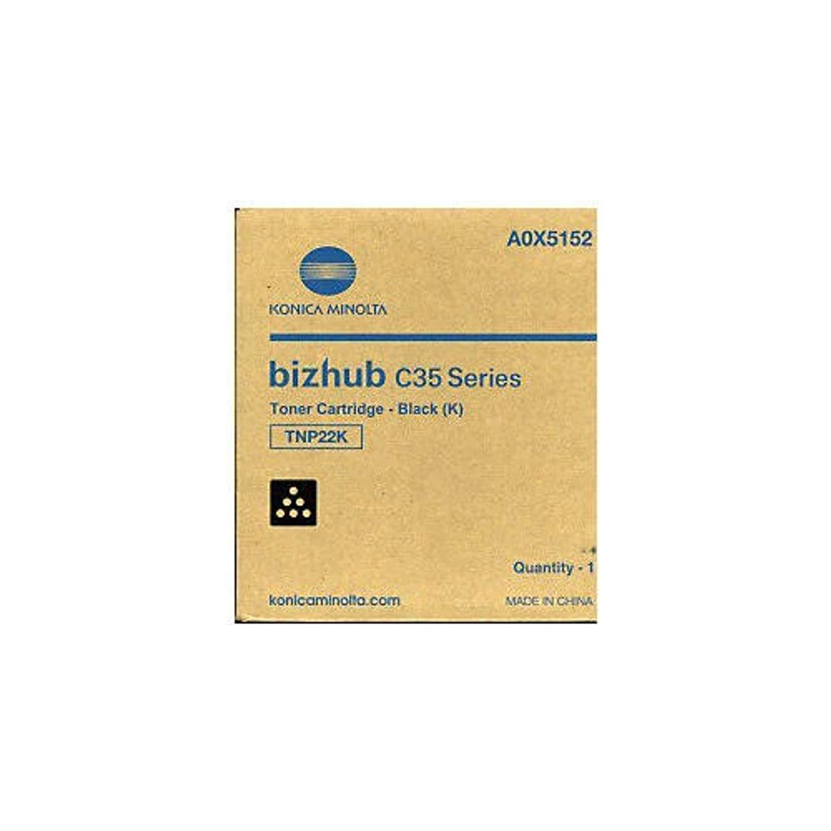 Cartuccia toner Konica Minolta bizhub C35, nera. Scatola marrone con informazioni.