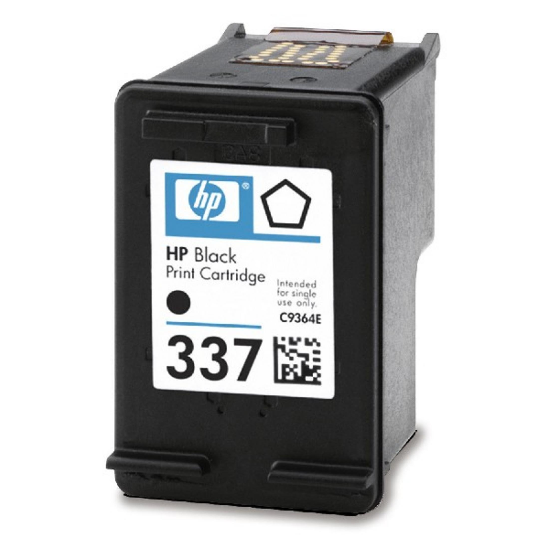Schwarze HP 337 Tintenpatrone mit schwarzem Tintenfleck und weißem Etikett.
