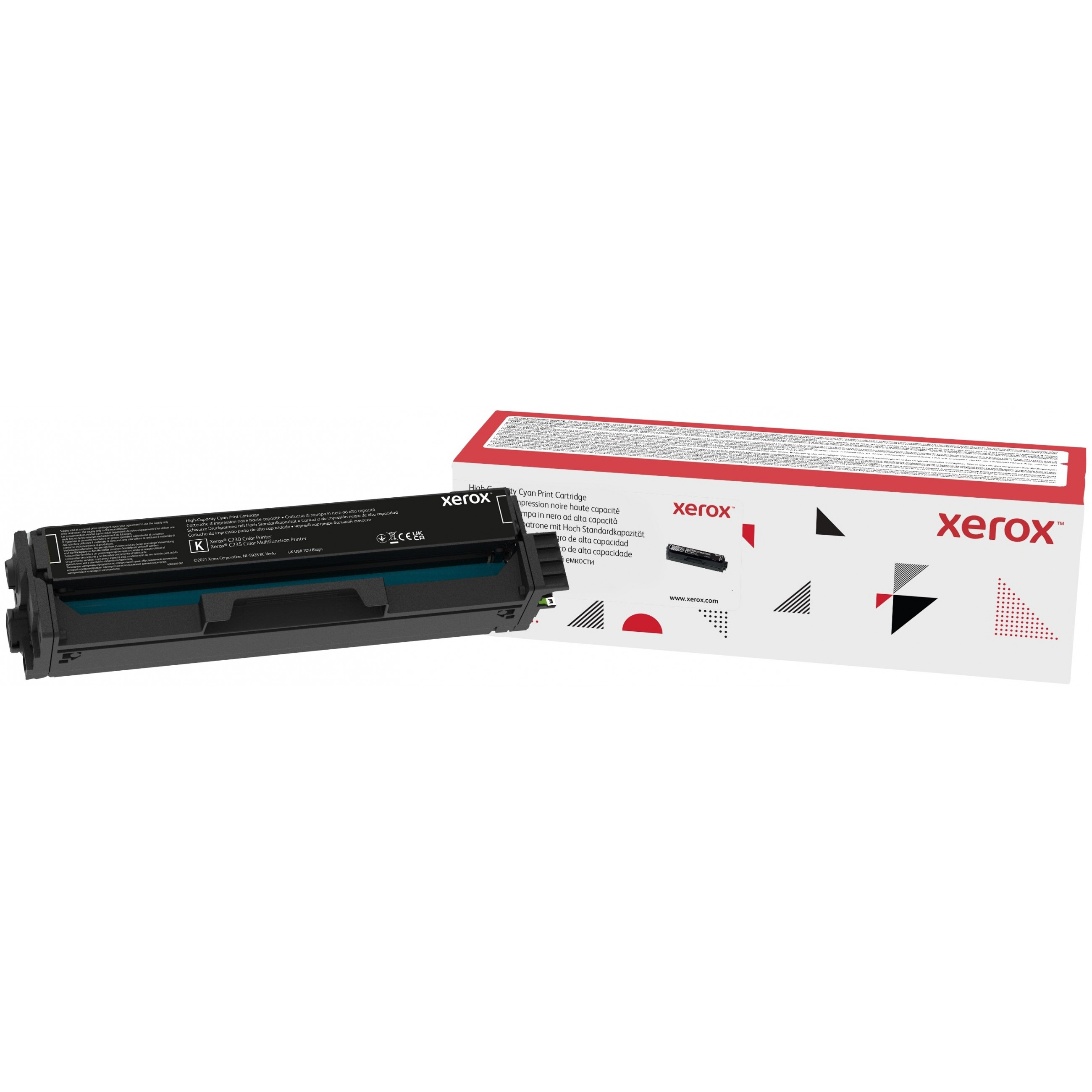 Xerox tonercartridge en doos. Zwarte cartridge met teal label, rode doos.