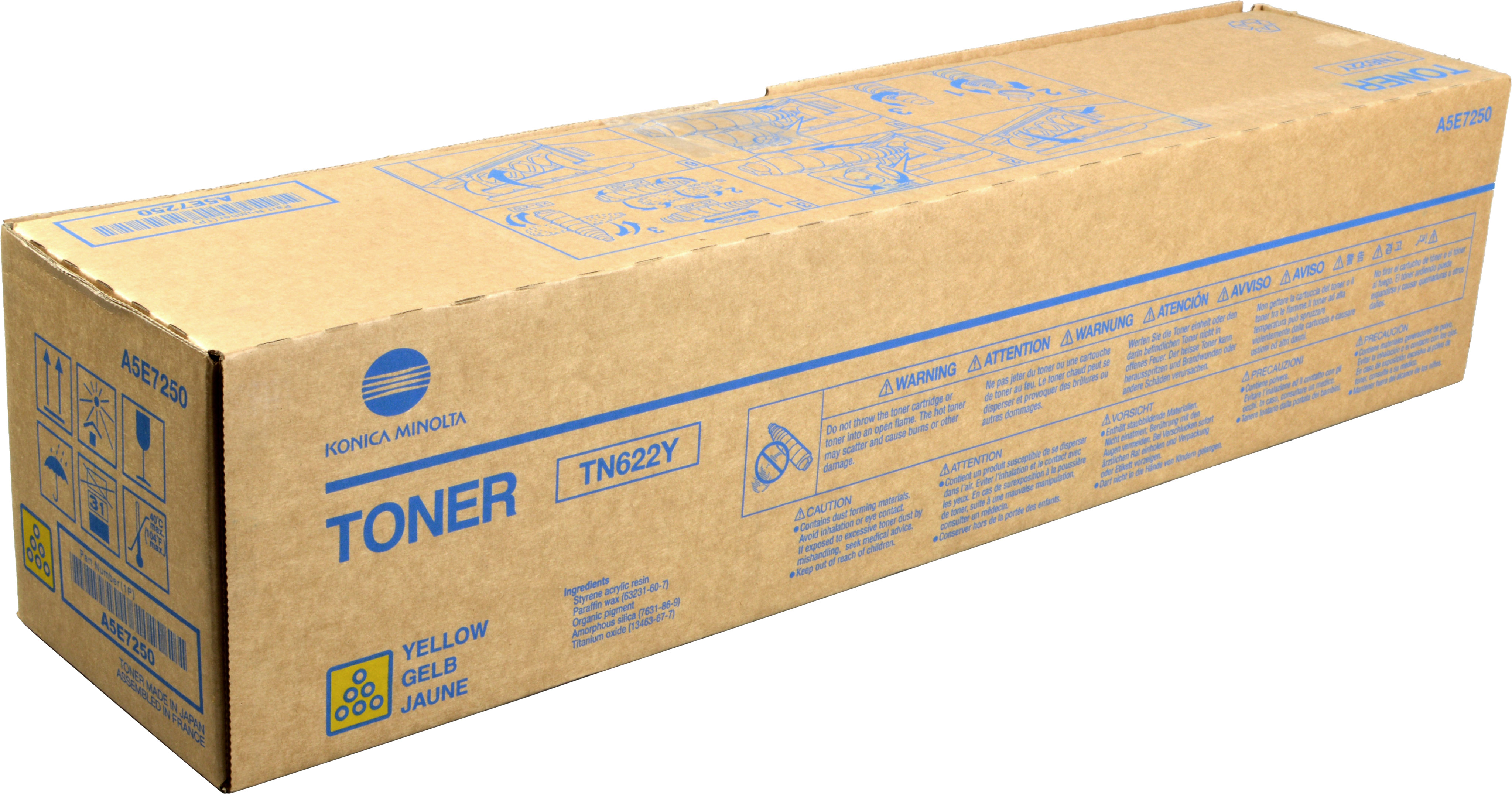 Scatola toner Konica Minolta, TN622Y giallo. Scatola marrone con testo e avvisi blu.