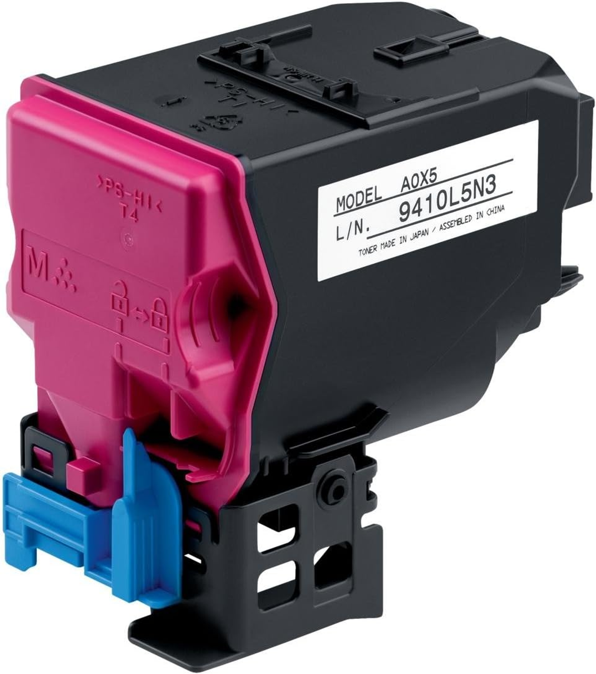Cartuccia toner magenta e nera con modello AOX5. Plastica nera e rosa.