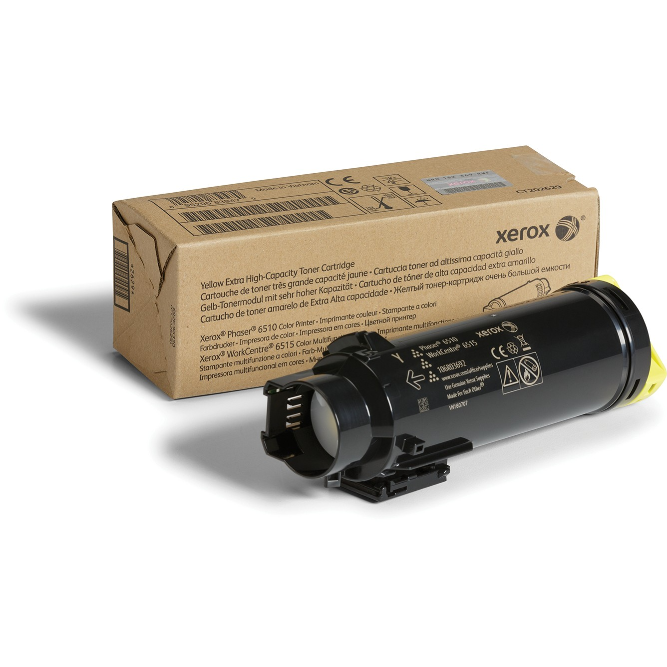 Xerox tonercartridge, zwart met gele accenten, met doos. Witte achtergrond.