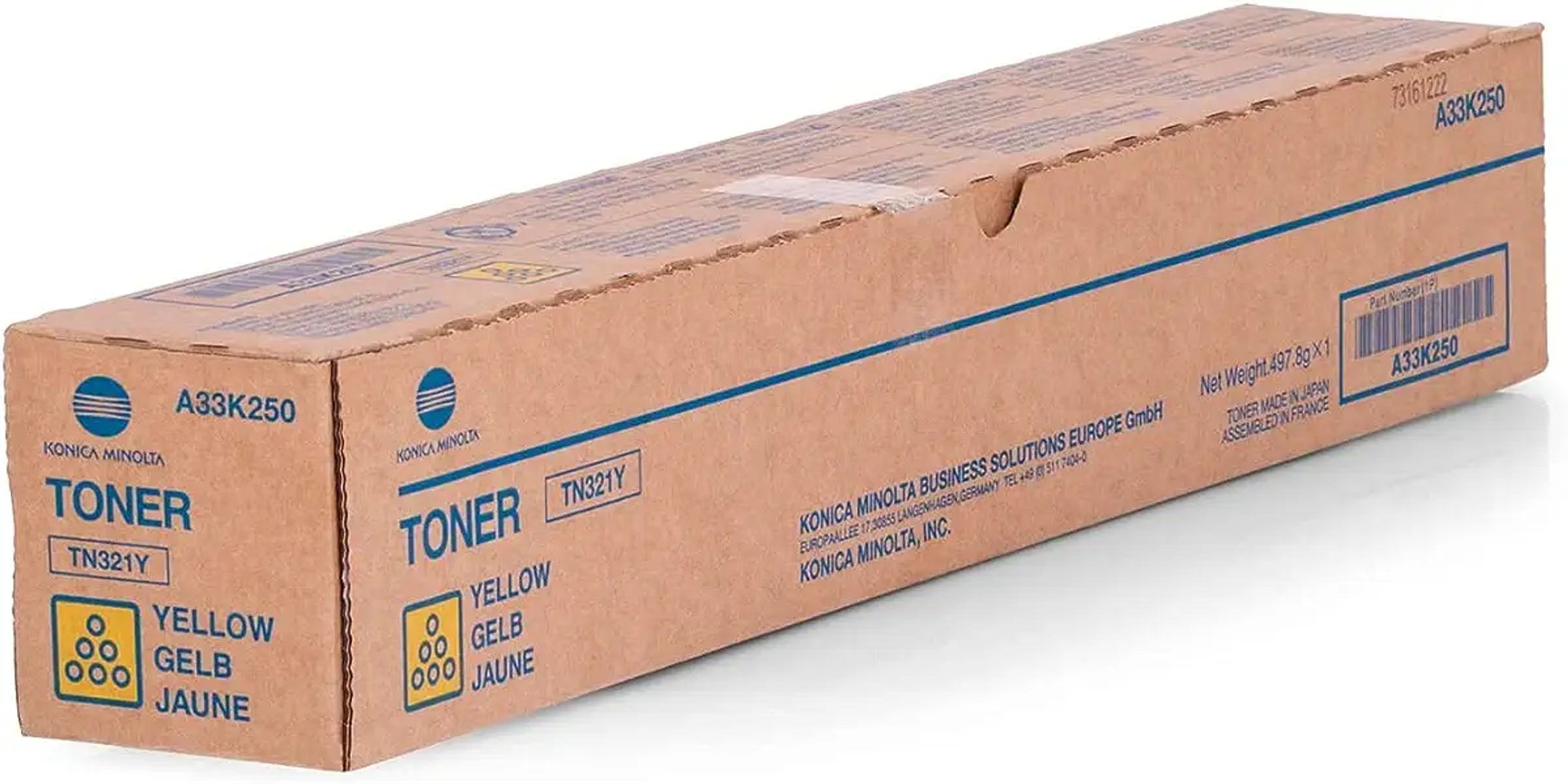 Konica Minolta TN321Y gelbe Tonerbox. Beige Box mit gelbem Toner-Produktetikett.