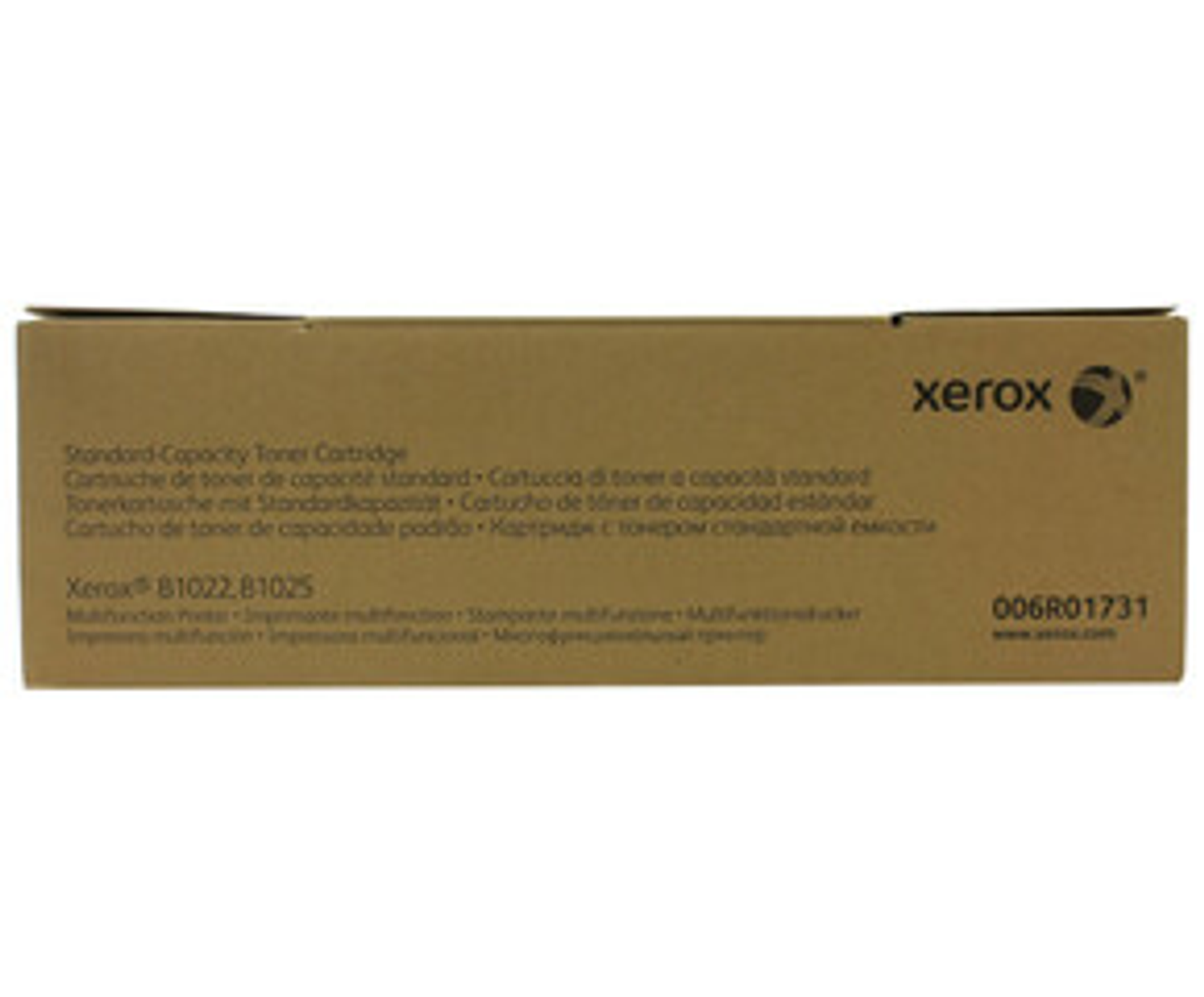 Boîte de cartouche de toner Xerox marron avec texte multilingue.