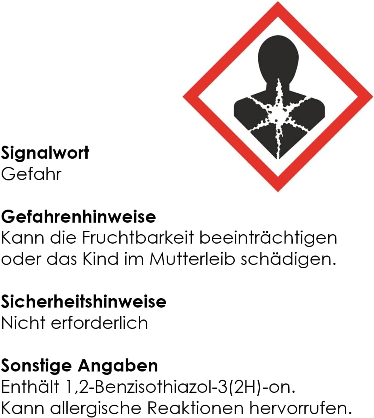 Waarschuwingsbord met tekst over vruchtbaarheidsrisico's en allergische reacties.