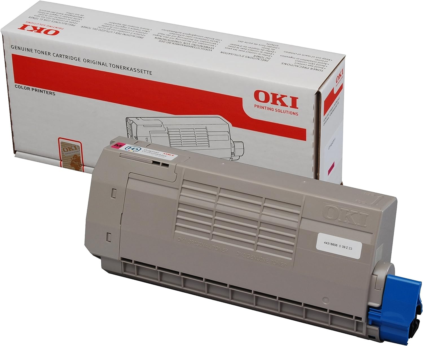 Pudełko i toner do oryginalnego wkładu z tonerem OKI. Pudełko pokazuje toner. Białe tło.