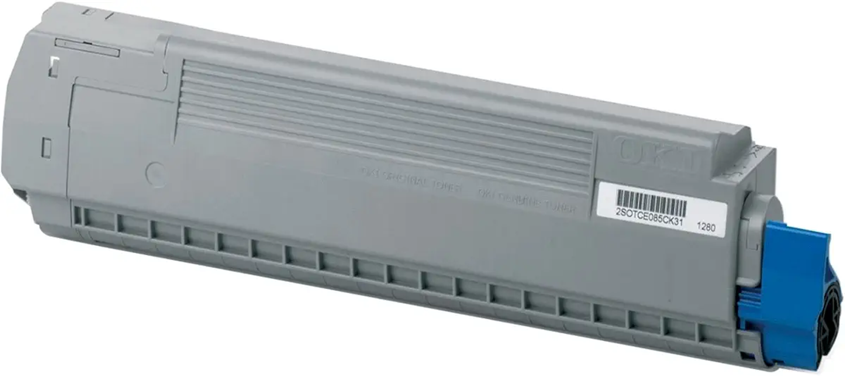 Szary i niebieski toner do drukarki. Ma etykietę z tekstem i niebieską nasadkę. Białe tło.