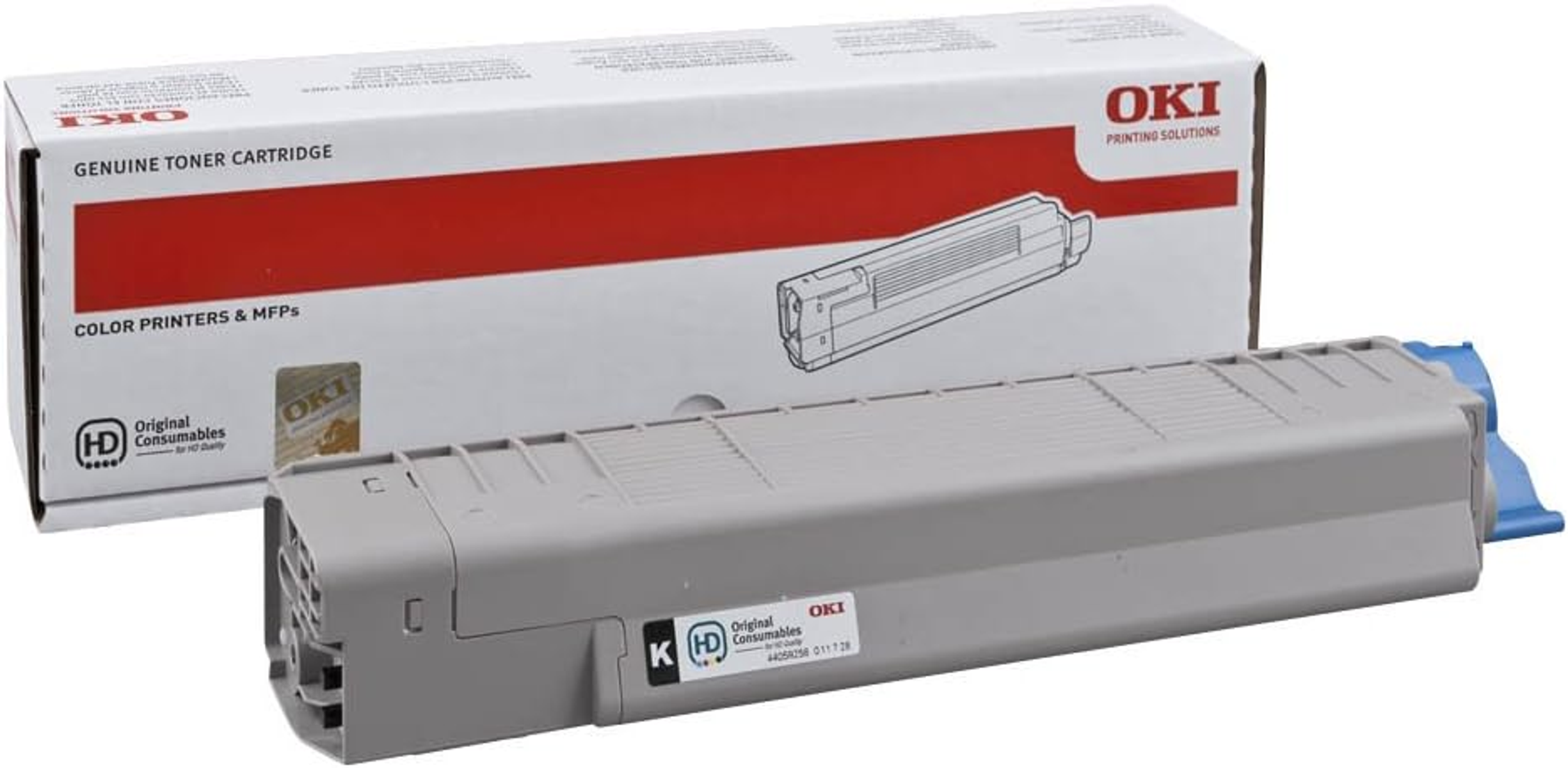 Wkład z tonerem do drukarki OKI w pudełku, szary i niebieski. Białe tło.