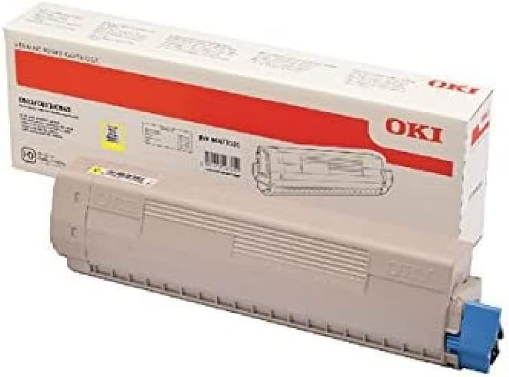 Wkład z tonerem do drukarki OKI. Beżowy i biały plastik z czerwonymi akcentami.