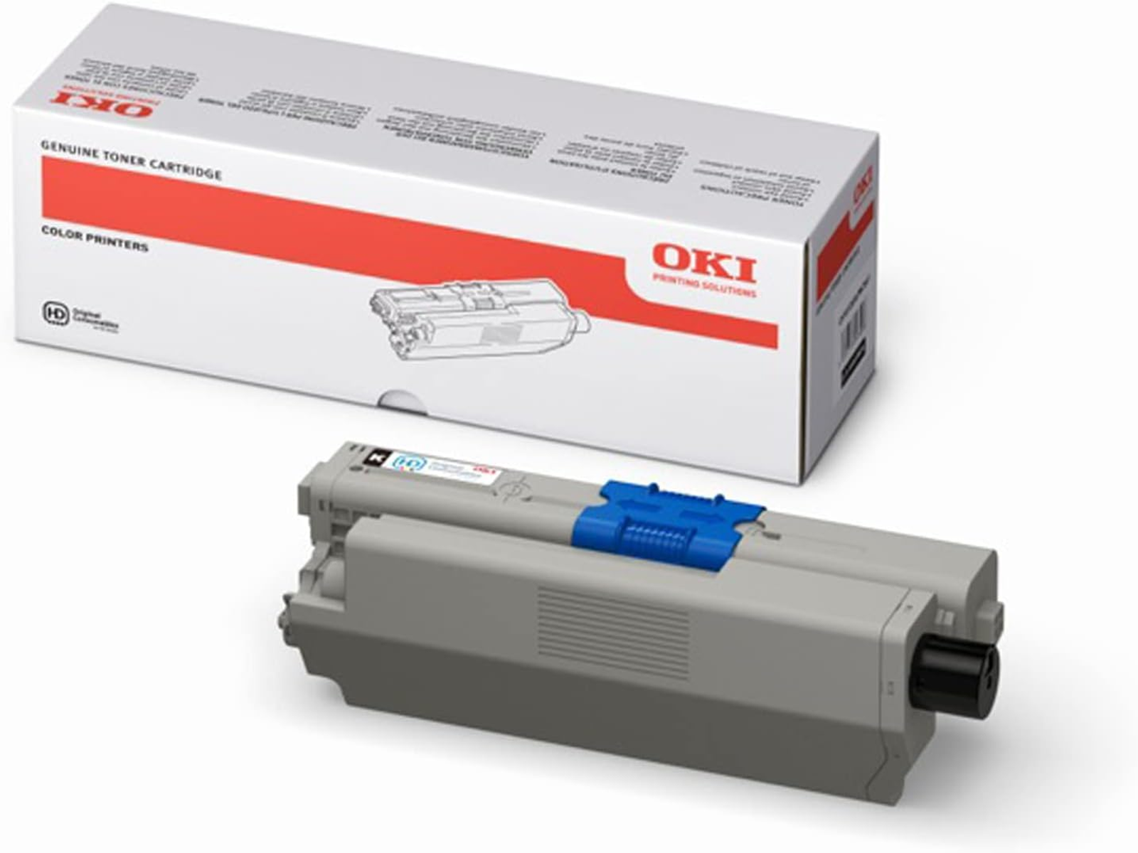 Tusz do drukarki OKI i jego pudełko. Pudełko jest biało-czerwone. Tusz jest szary z niebieską częścią.