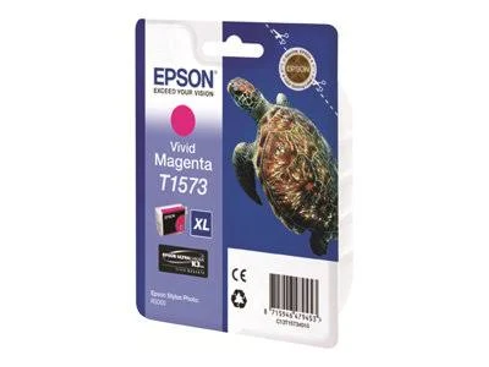 Epson Tintenpatronenverpackung. Sie zeigt eine Schildkröte. Die Verpackung ist lila und weiß. Die Tinte ist Vivid Magenta.
