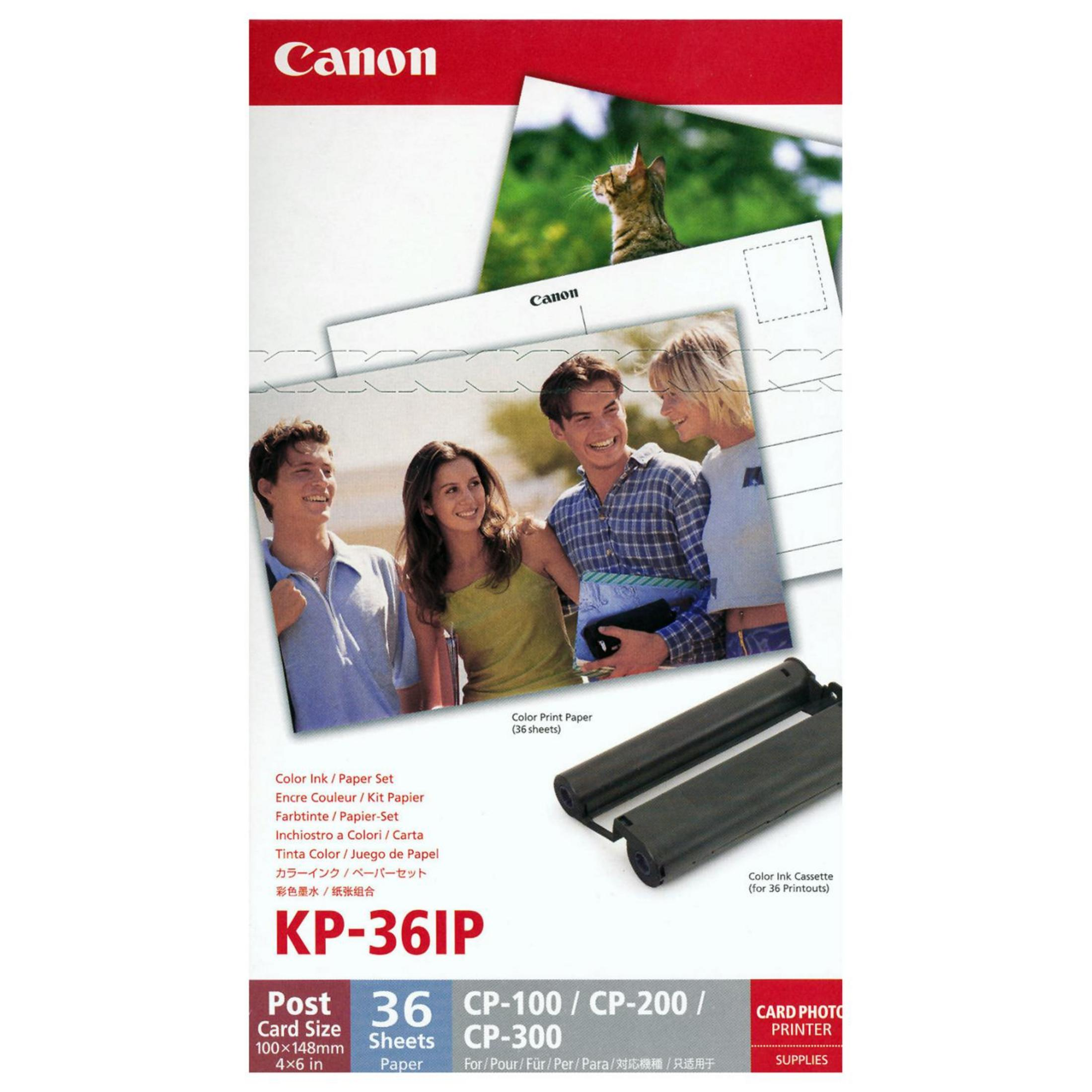 Carta e cassetta inchiostro Canon KP-36IP con tre persone e un gatto.