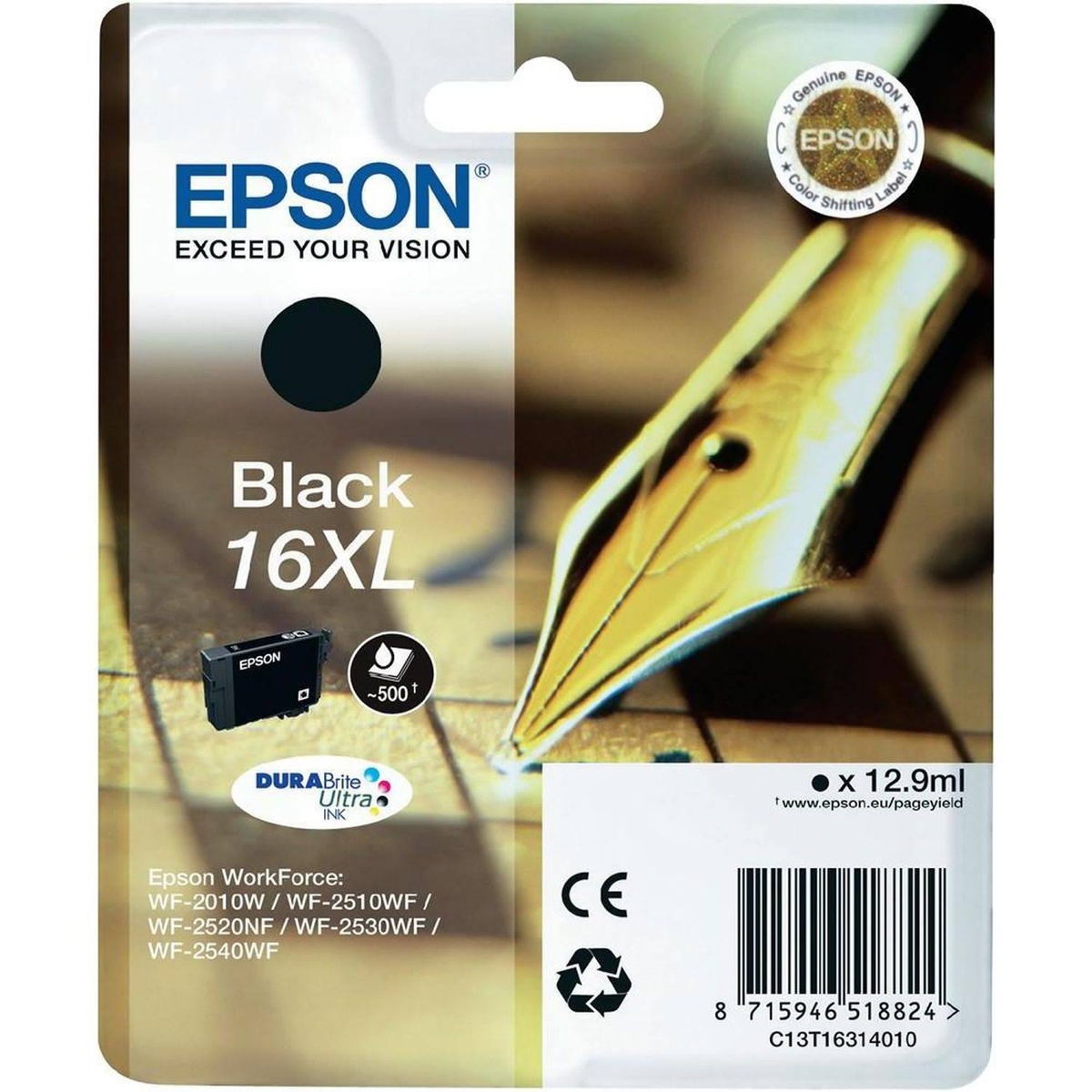 Opakowanie czarnego wkładu atramentowego Epson. Pokazuje wkład, tekst Black 16XL i logo Epson.