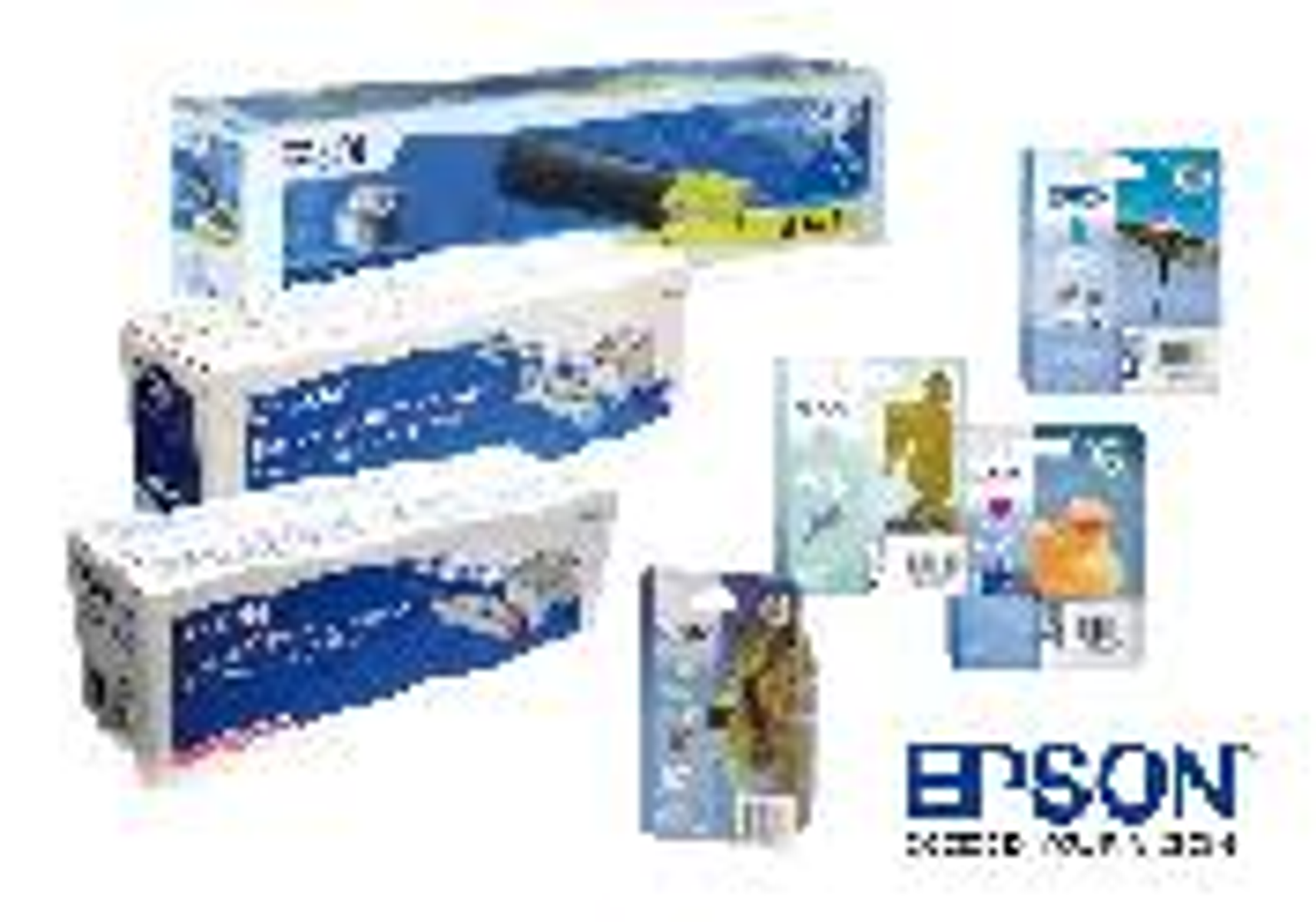 Kartridże z tuszem do drukarek Epson w pudełkach. Różne kolory. Logo Epson w prawym dolnym rogu.